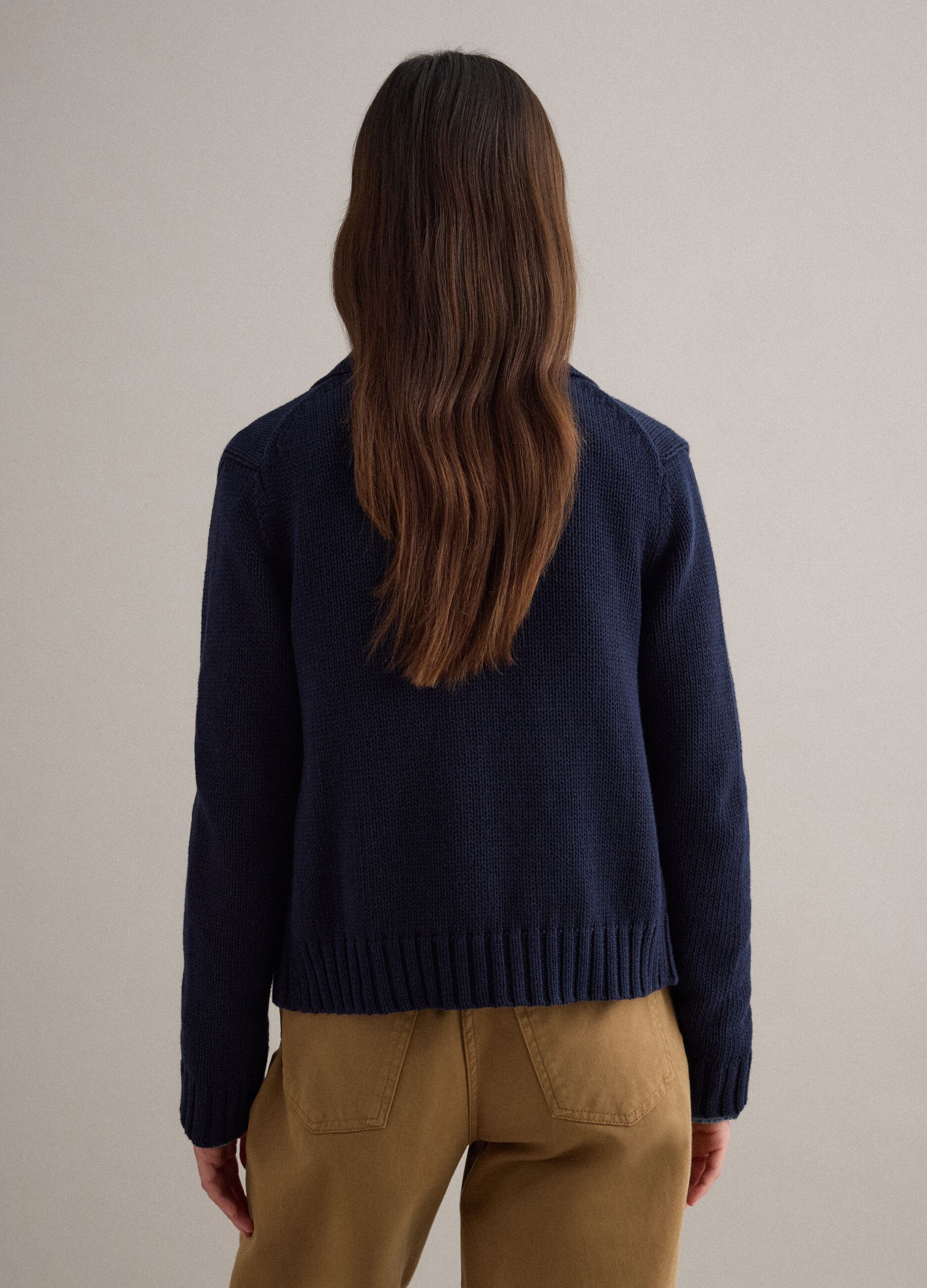 Blue cotton cardigan with polo collar, regular fit