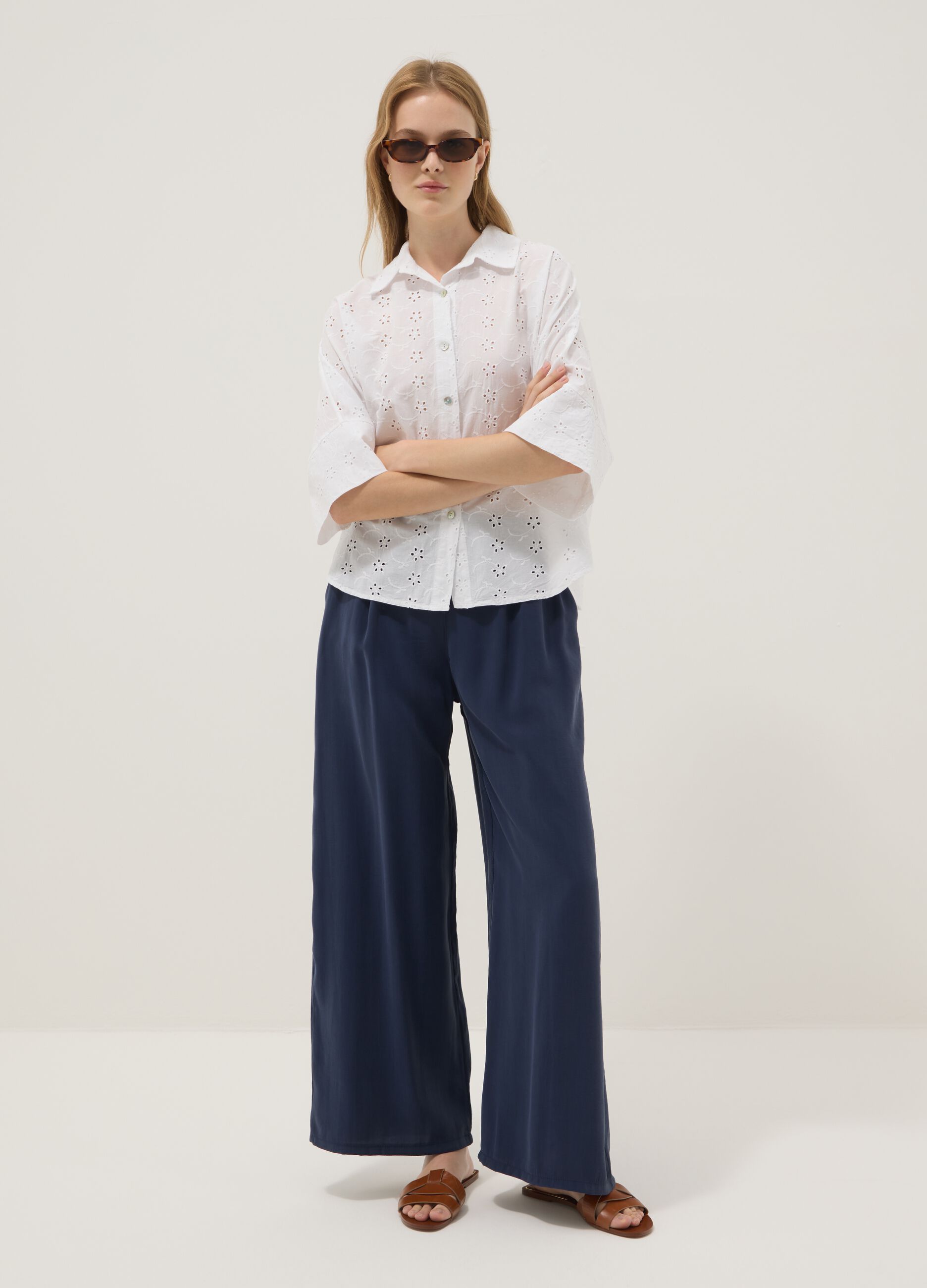 White broderie cotton shirt, regular fit