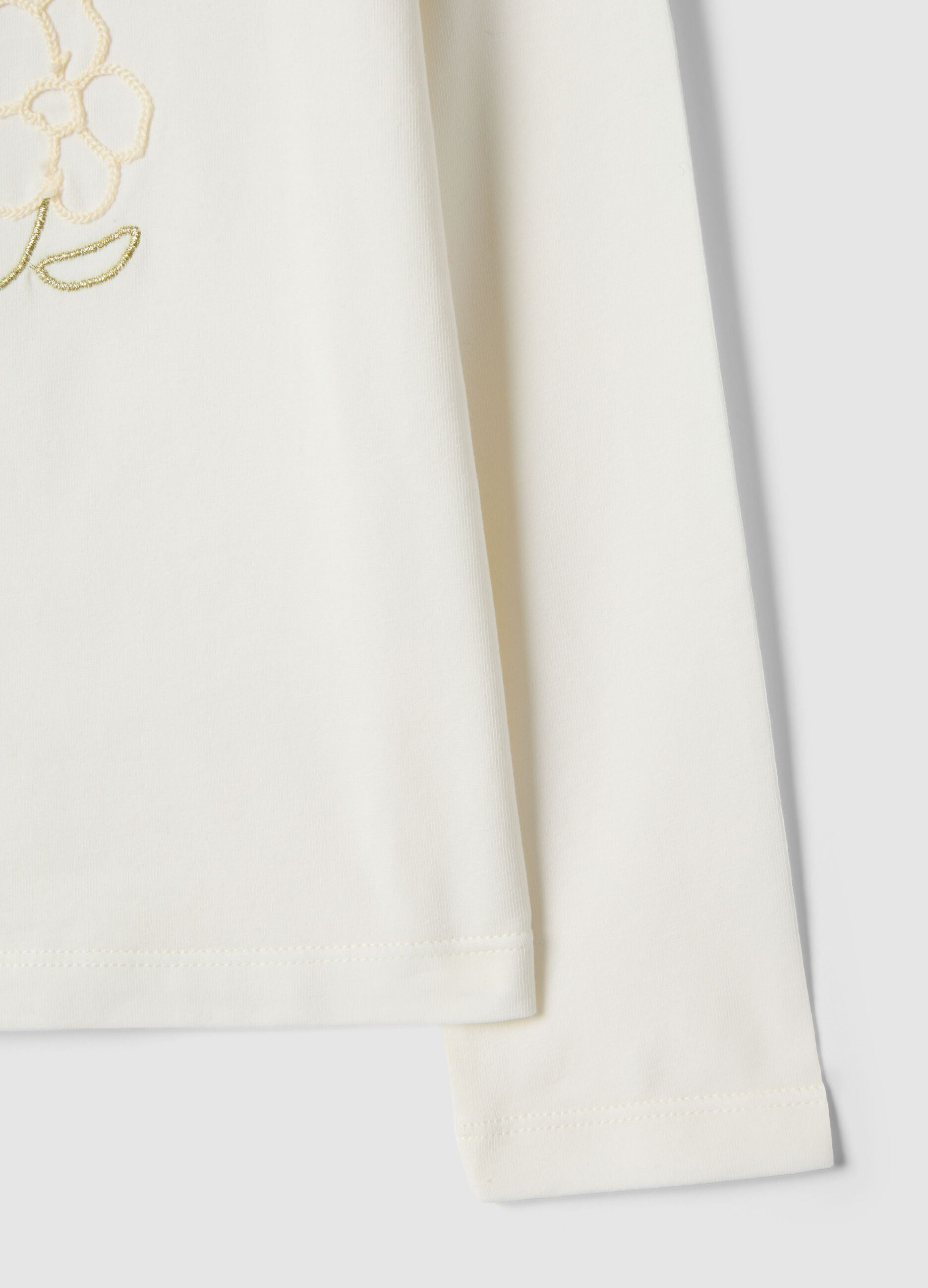 Girl's white stretch cotton T-shirt with floral embroidery