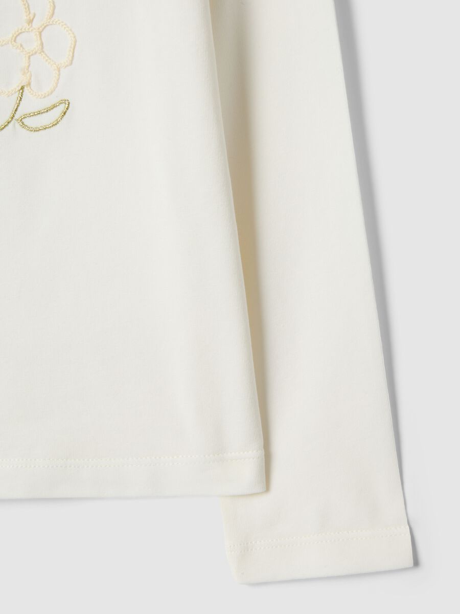 Girl's white stretch cotton T-shirt with floral embroidery_3