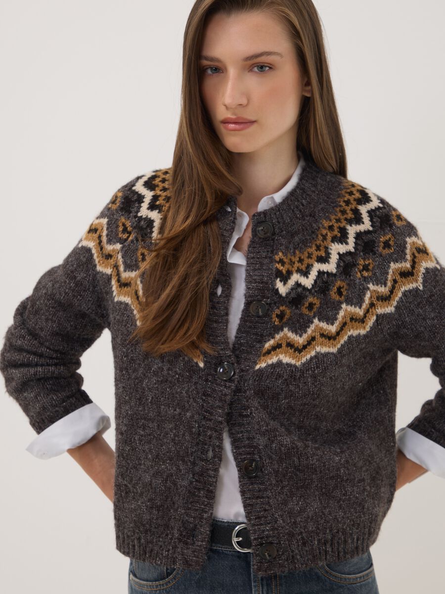Grey crew-neck jacquard cardigan_1