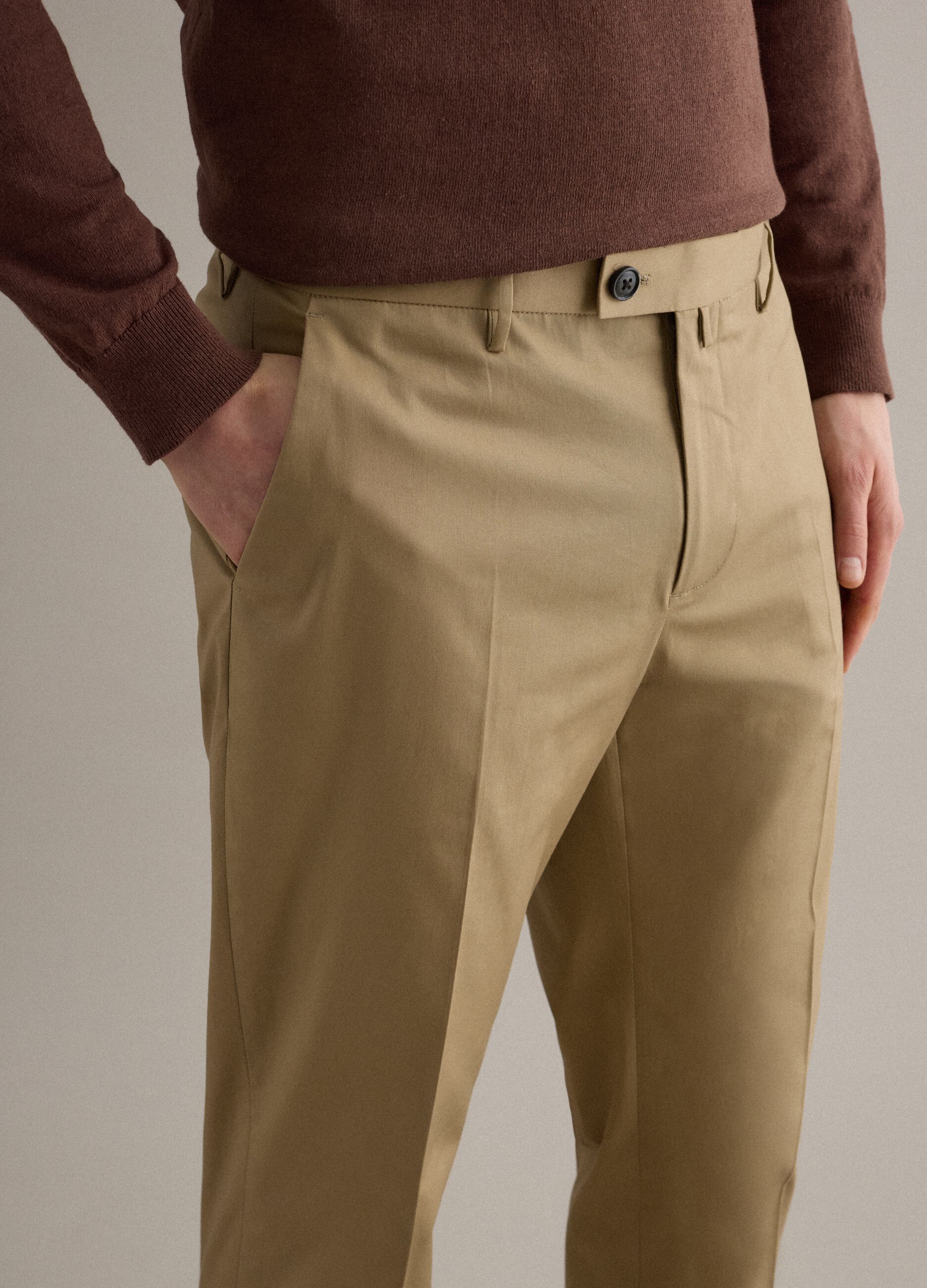 Beige Stretch Cotton Trousers Regular Fit