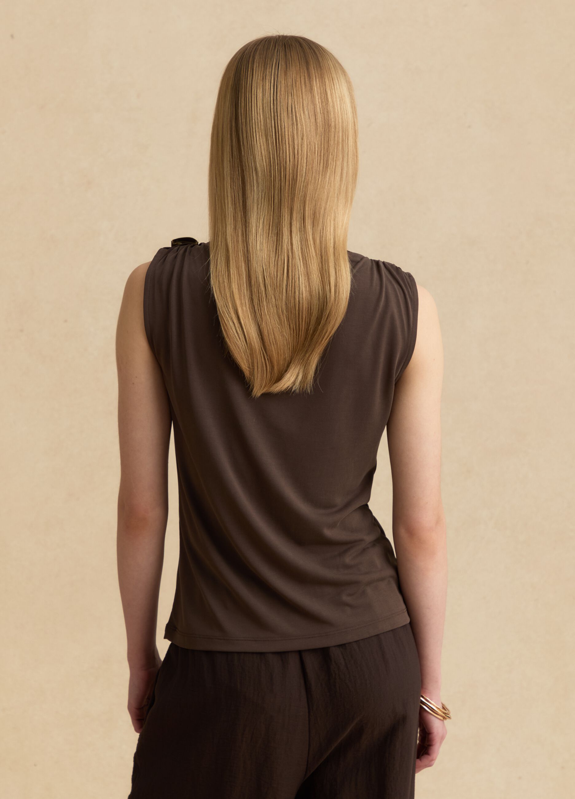 Brown sleeveless viscose-blend top with jewel detail