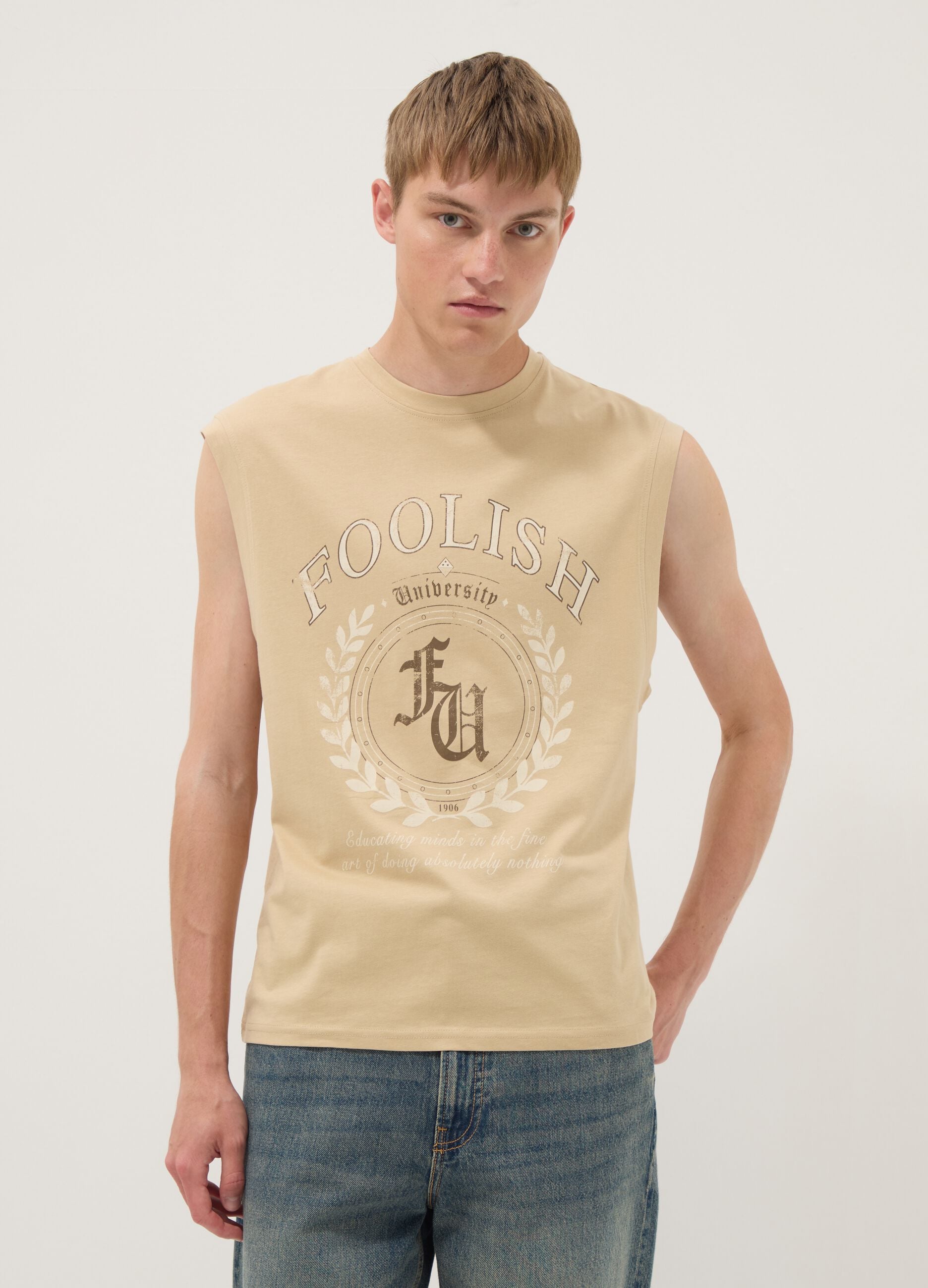 Beige pure cotton tank top with front print