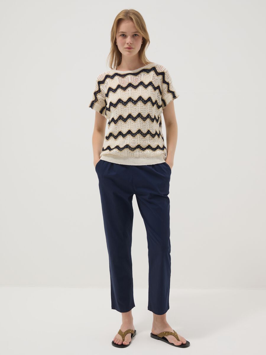 Beige openwork top with blue stripes in stretch cotton, regular fit_2