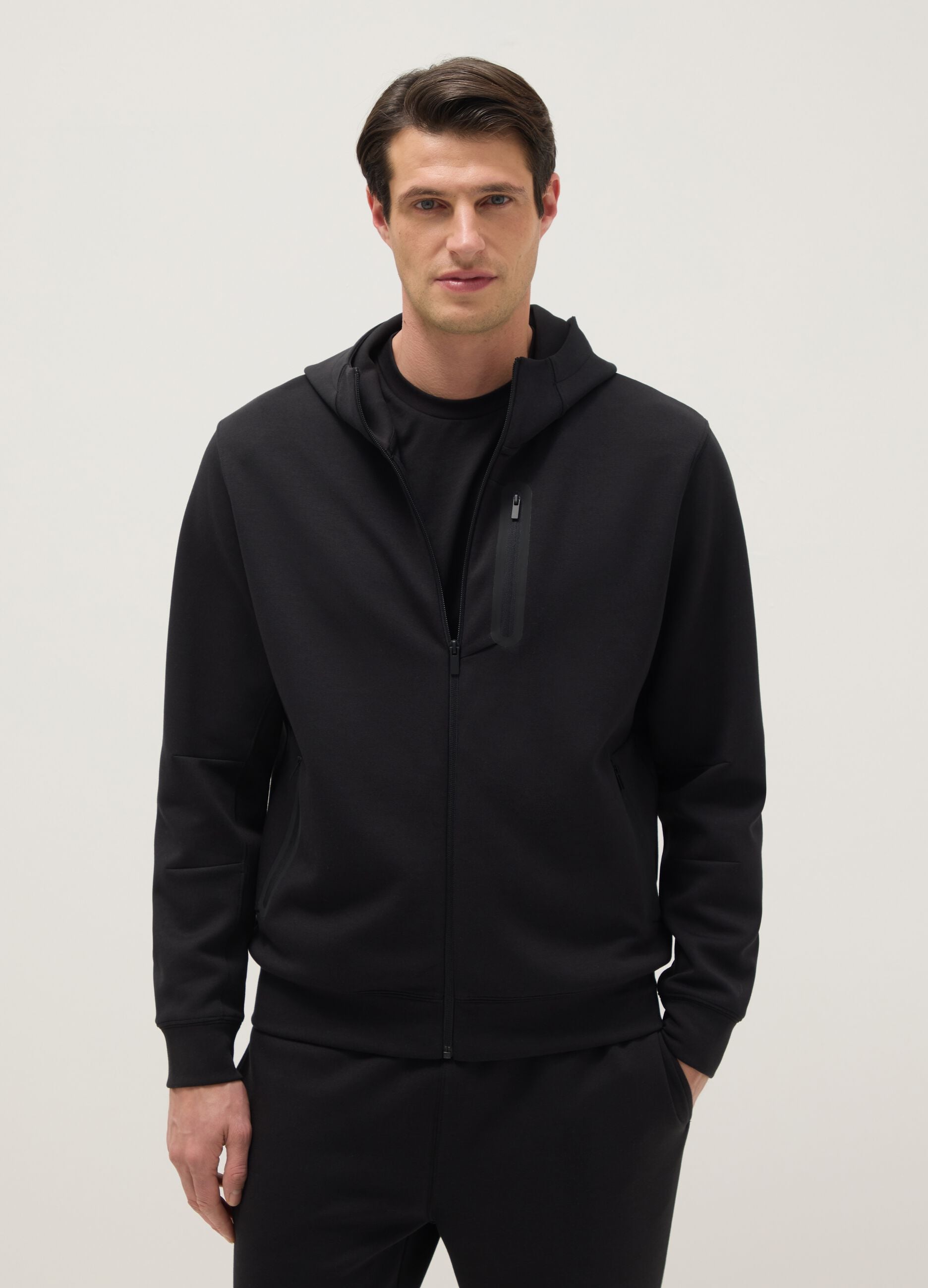 Black regular fit hoodie with front zip collar