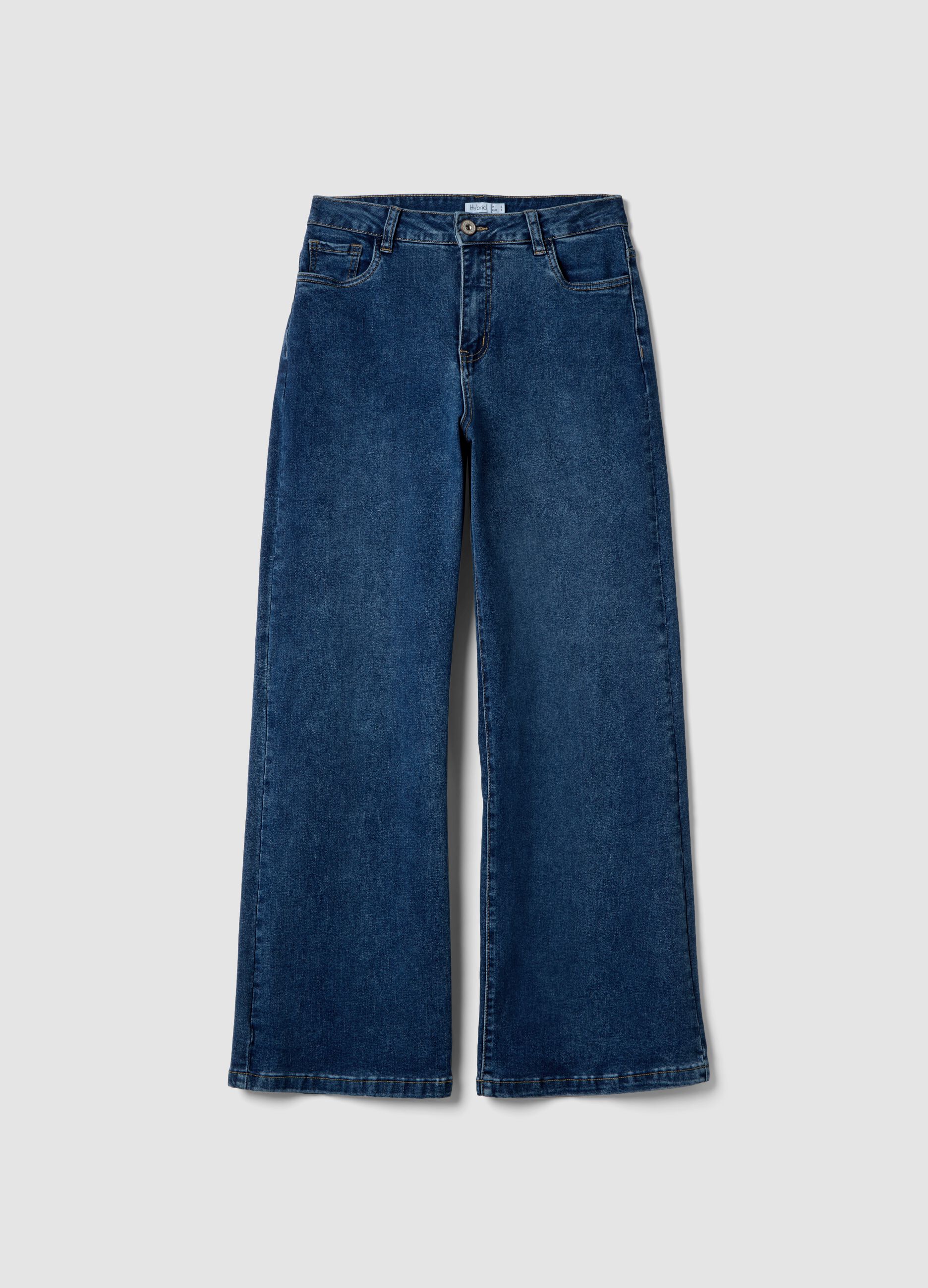 Stretch blue regular fit cotton blend denim trousers