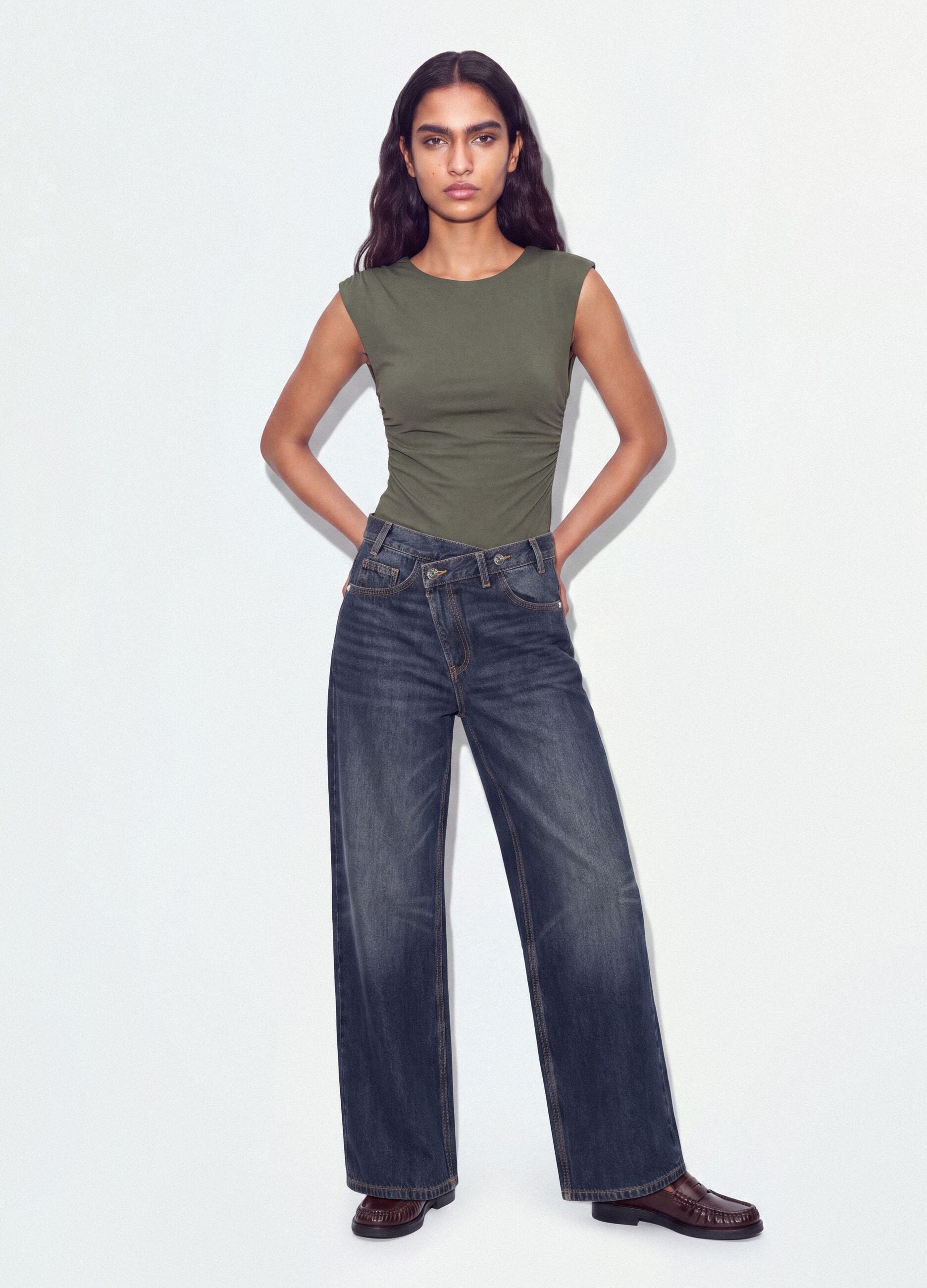 Green stretch jersey bodysuit with ruching, regular fit