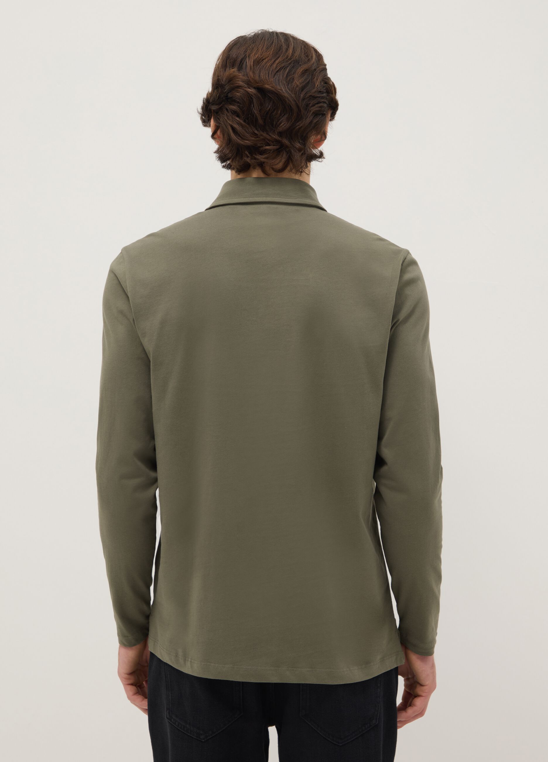Long-sleeve green cotton polo shirt regular fit