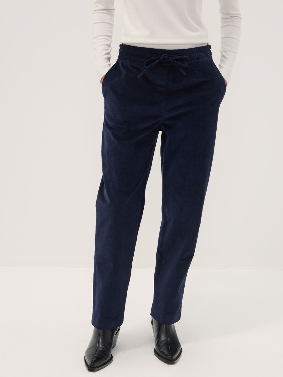 Blue ribbed stretch-cotton trousers with elasticated waistband_1