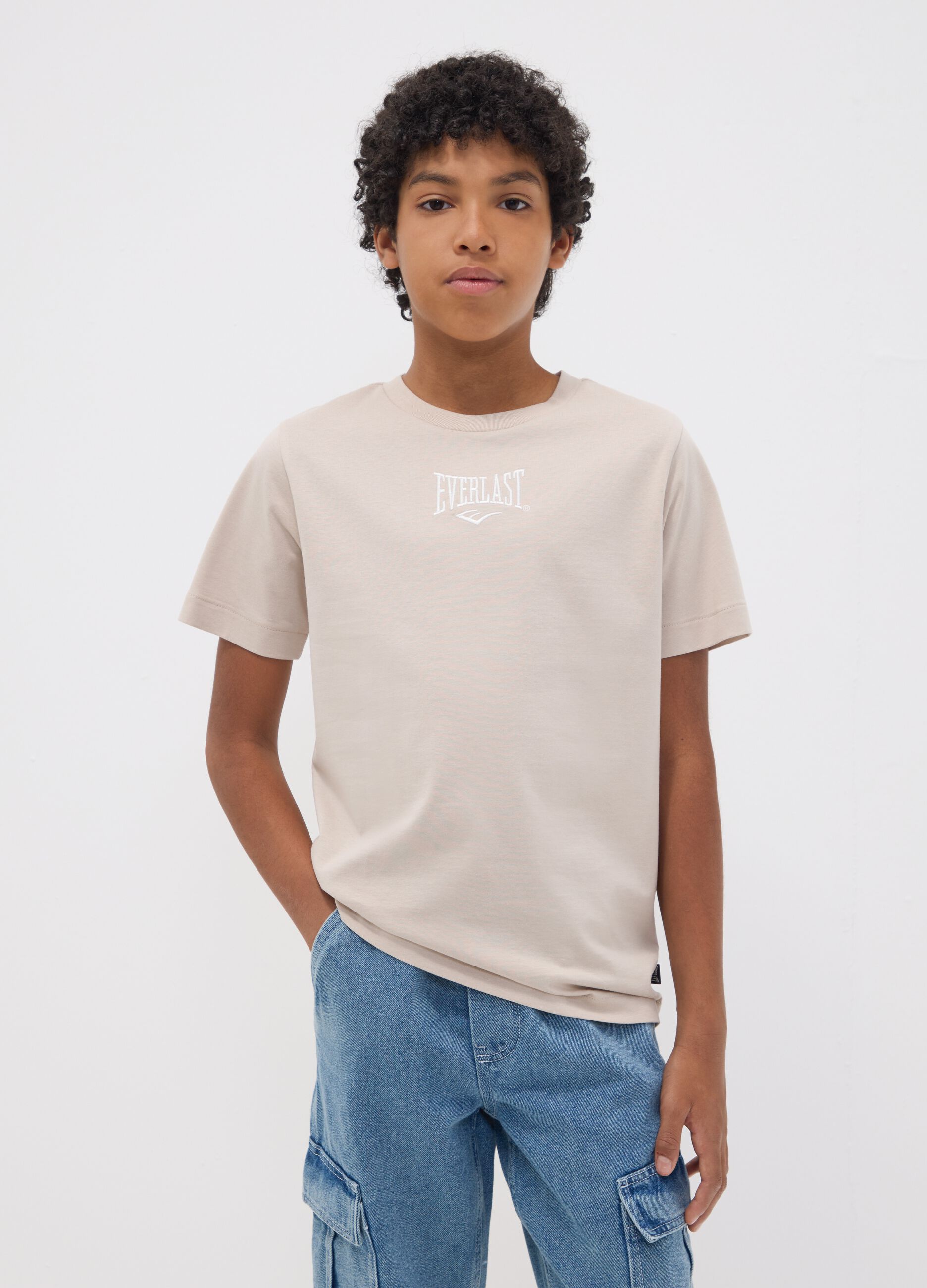 Beige pure cotton regular-fit printed T-shirt for girls