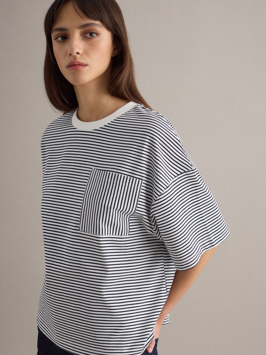 Multi-colour striped cotton blend regular fit t-shirt with pocket_1