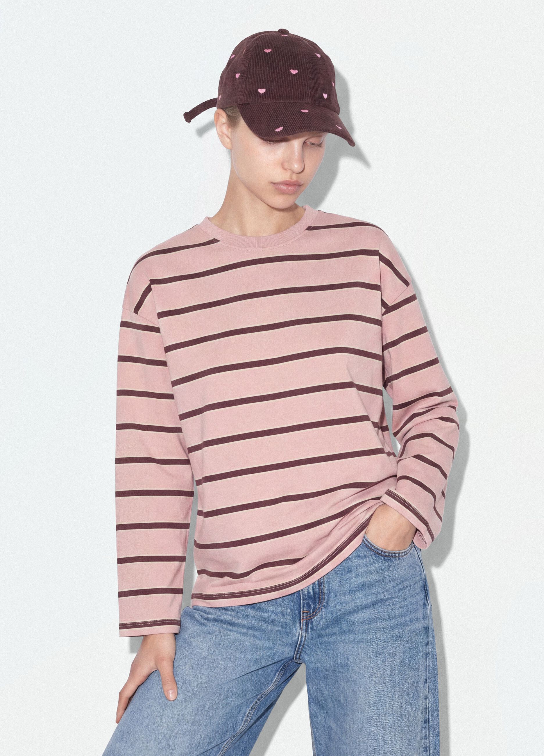 Pink pure cotton striped sweatshirt with crew neck, relaxed fit