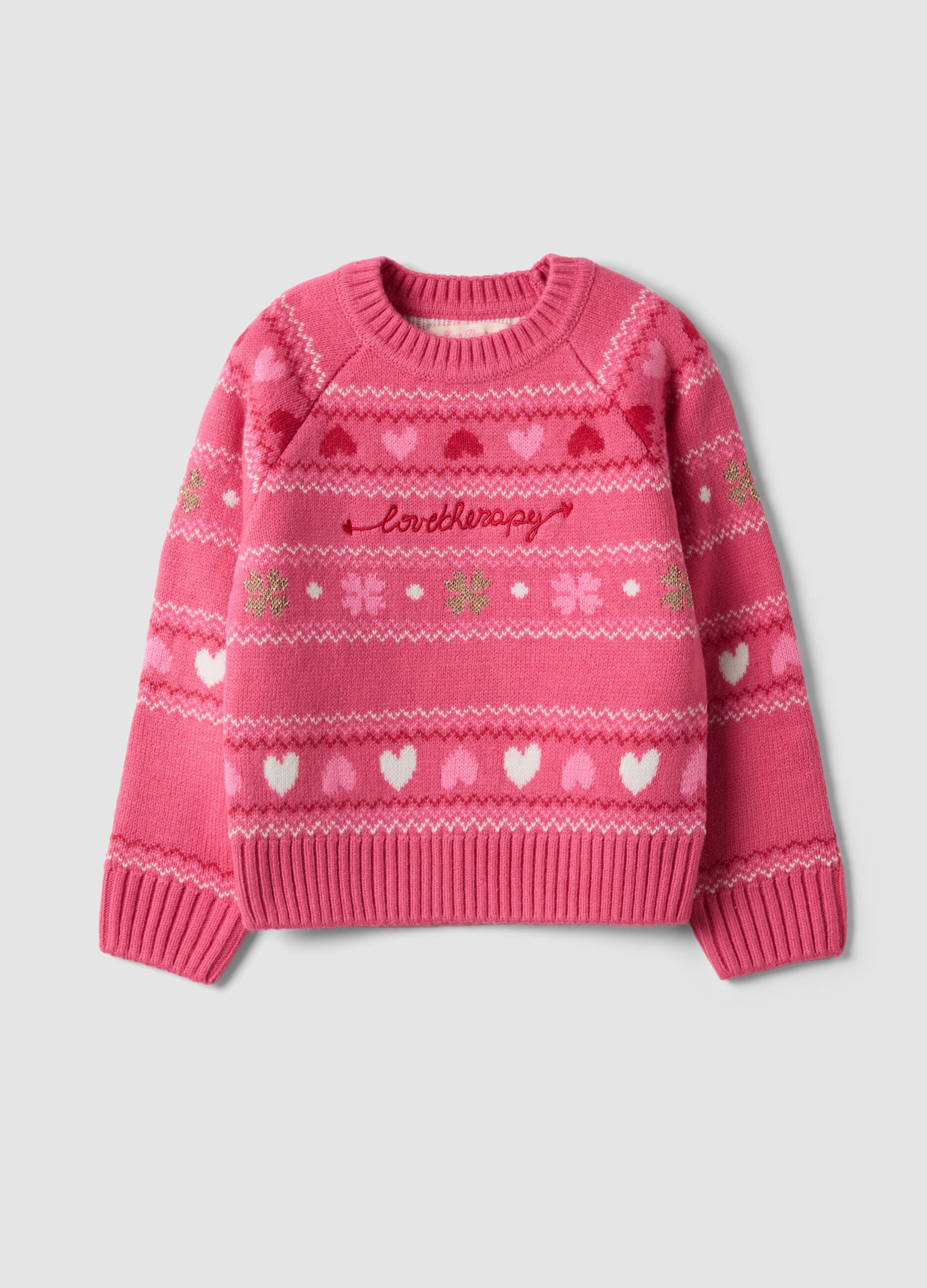 Pink crew-neck jumper with hearts and jacquard pattern, regular fit