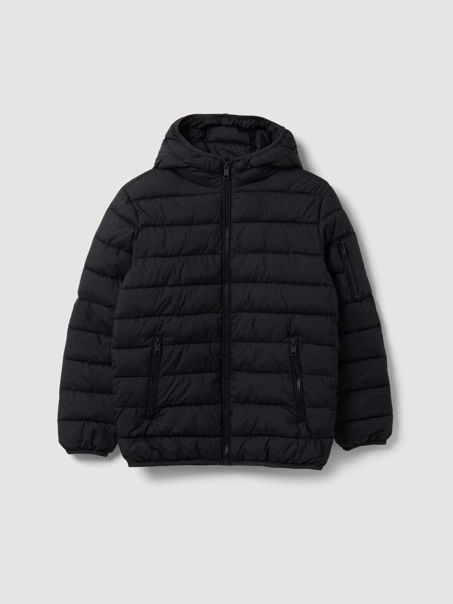 Black Ultralight padded hooded jacket with zip for boys_0