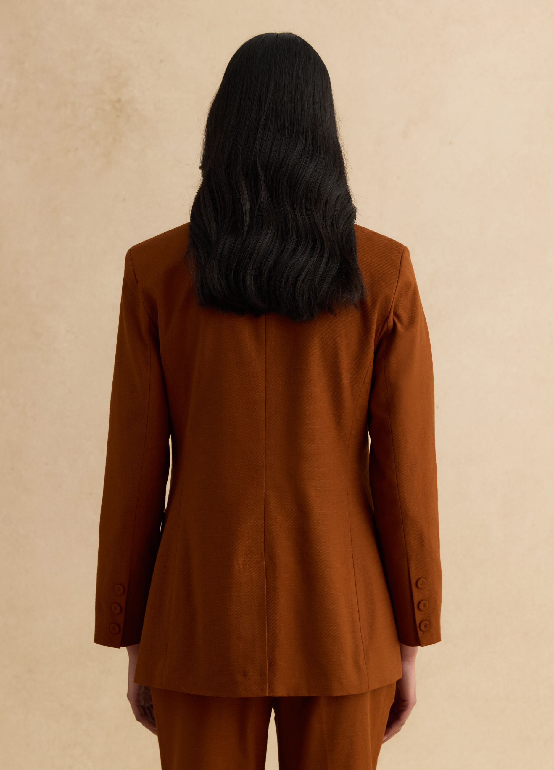 Brown Cotton and Linen Regular Fit Blazer
