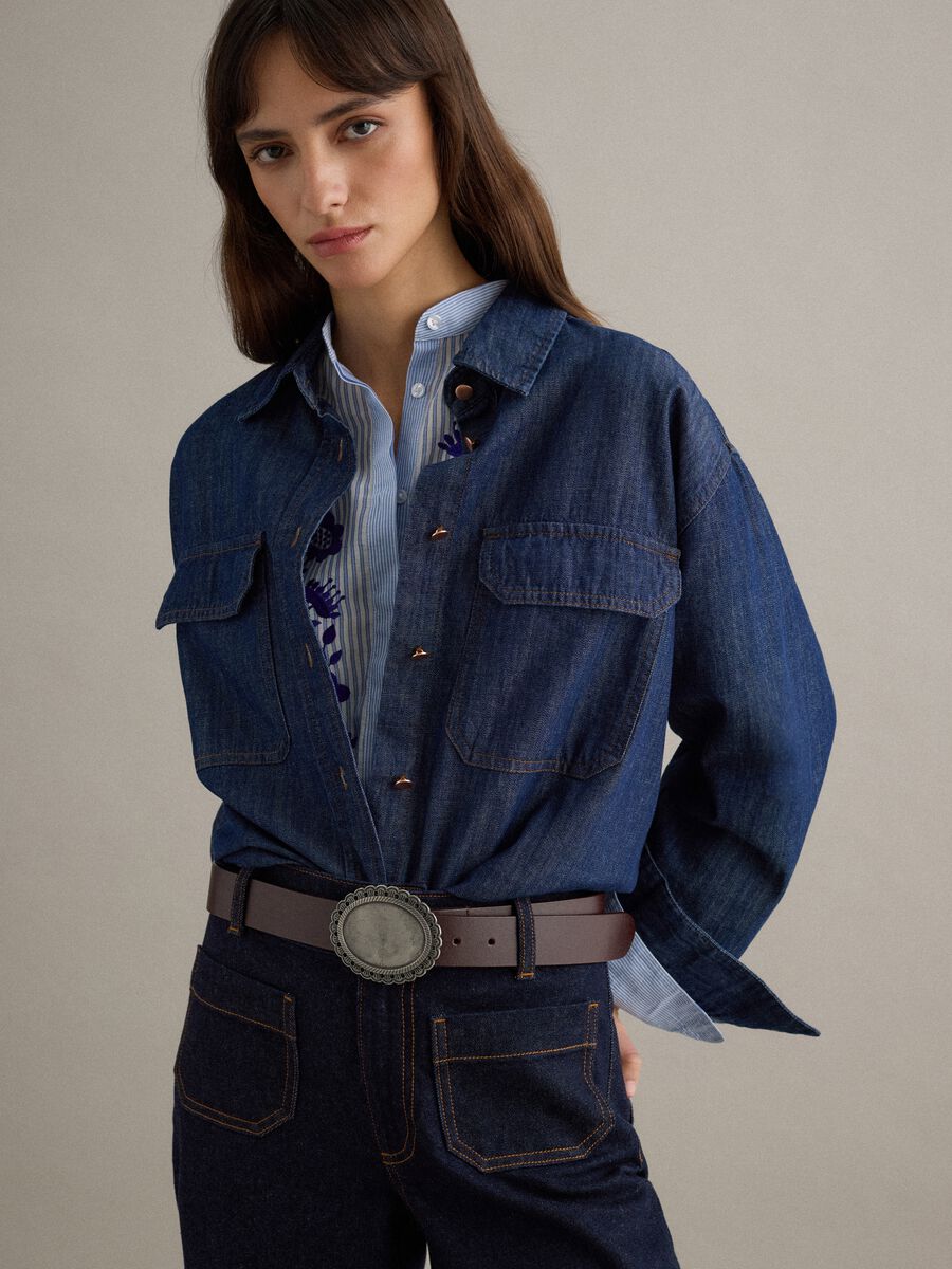 Camicetta in puro cotone denim blu regular fit_0