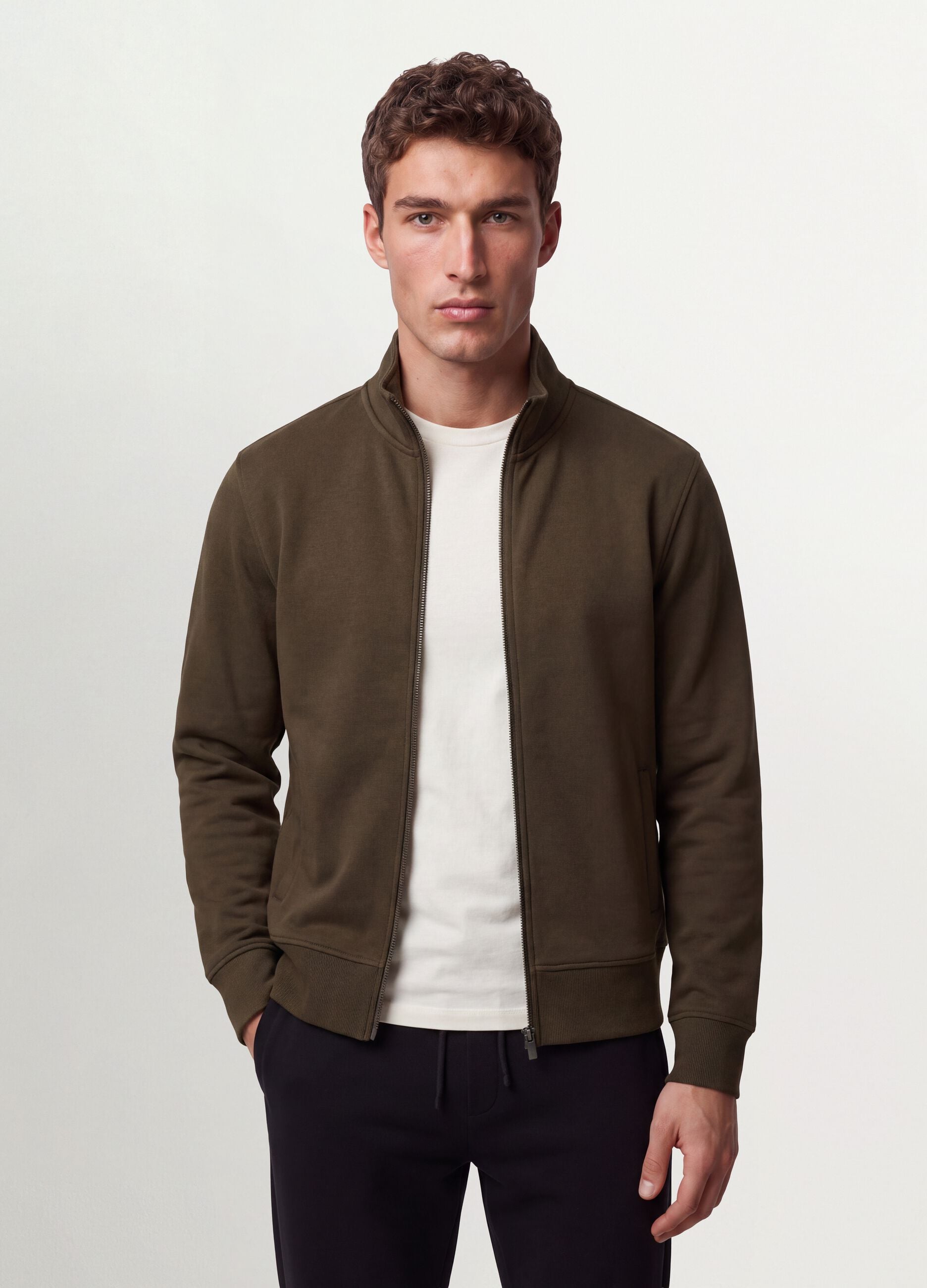 Felpa verde in misto cotone con girocollo e zip regular fit