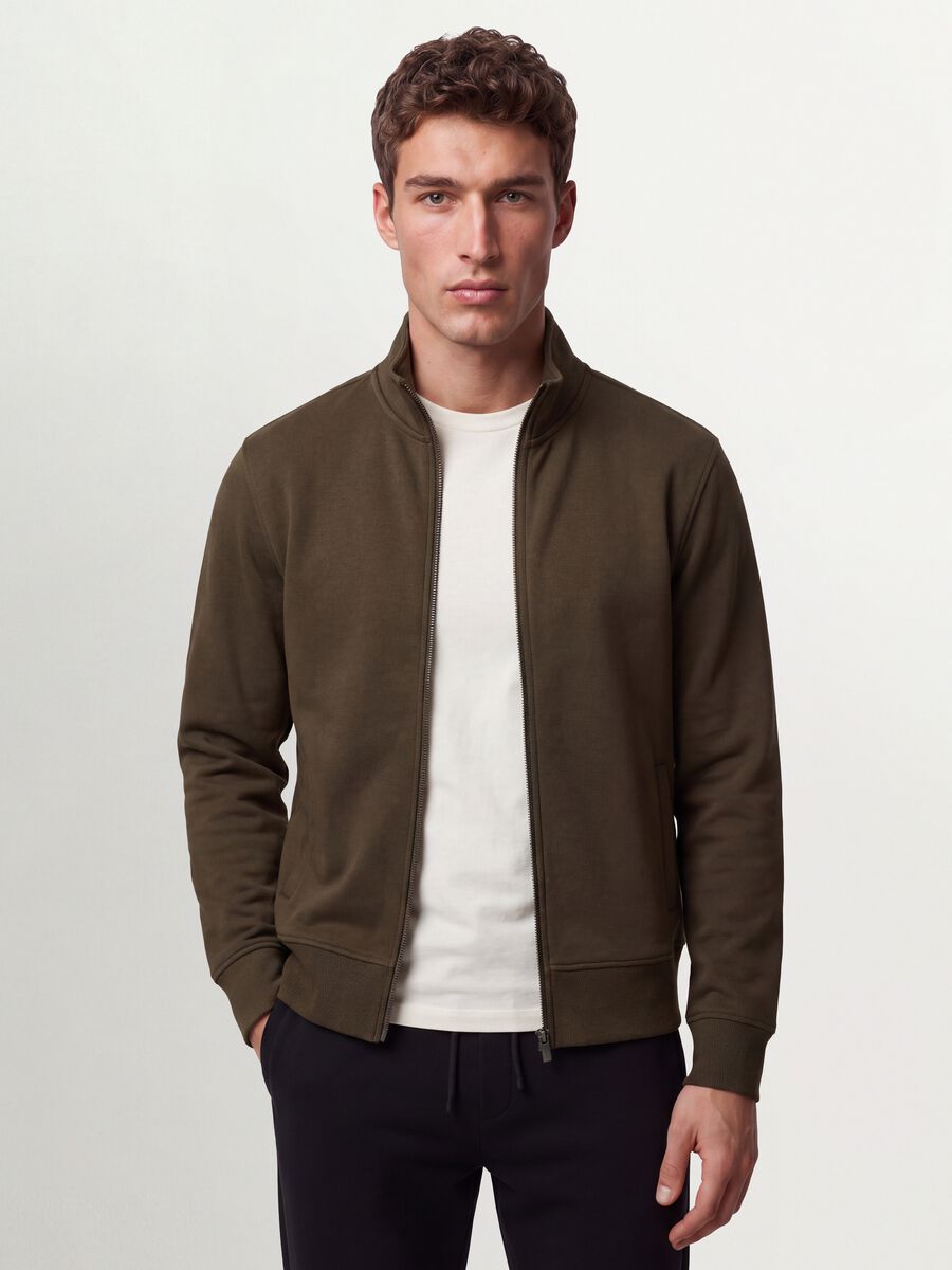 Green cotton-blend sweatshirt with crew neck and zip, regular fit_0