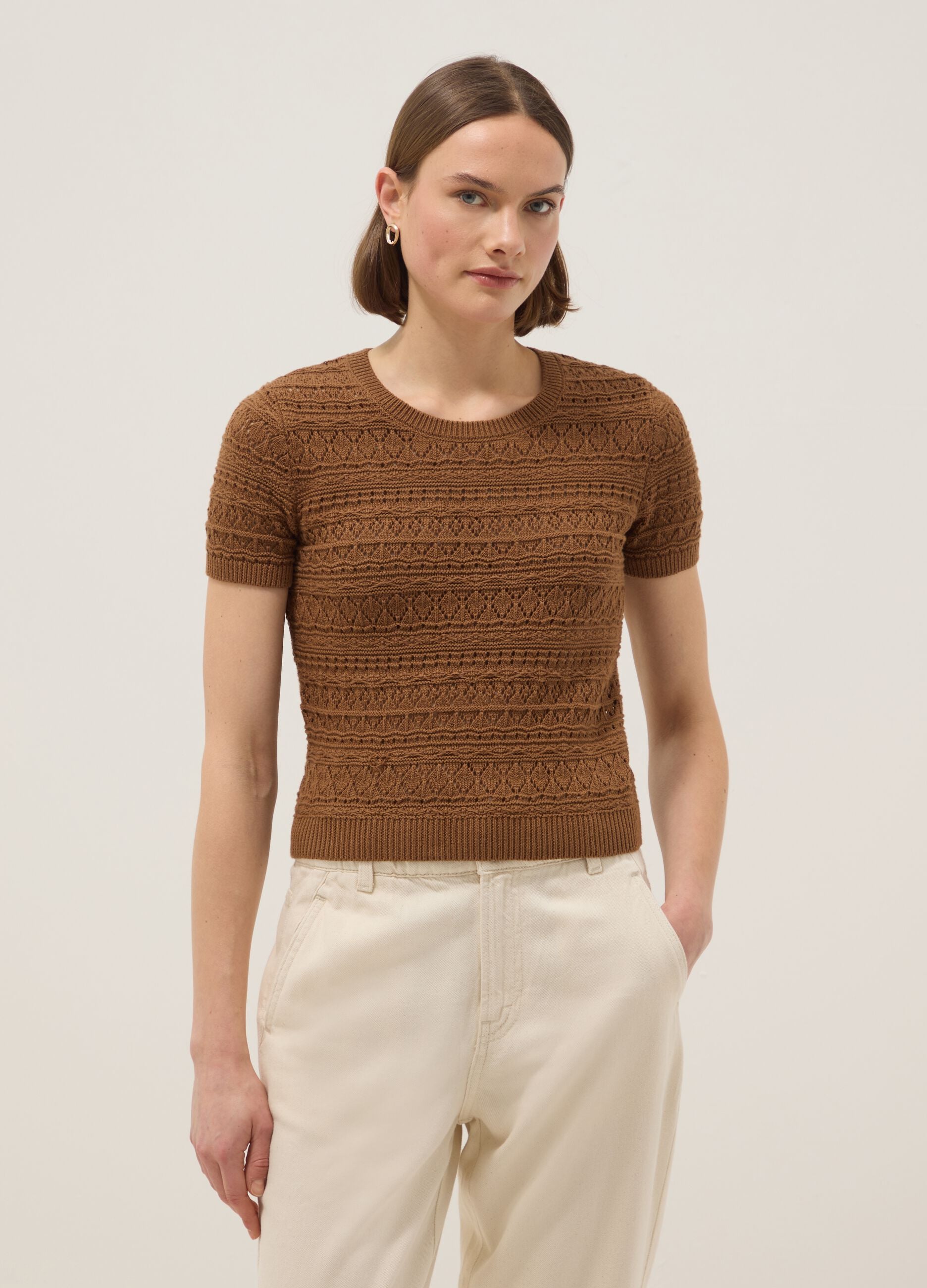 Brown pure cotton regular fit knitted sweater