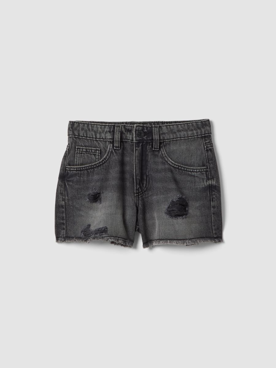 Girls&rsquo; grey pure cotton denim shorts, regular fit with rips_3