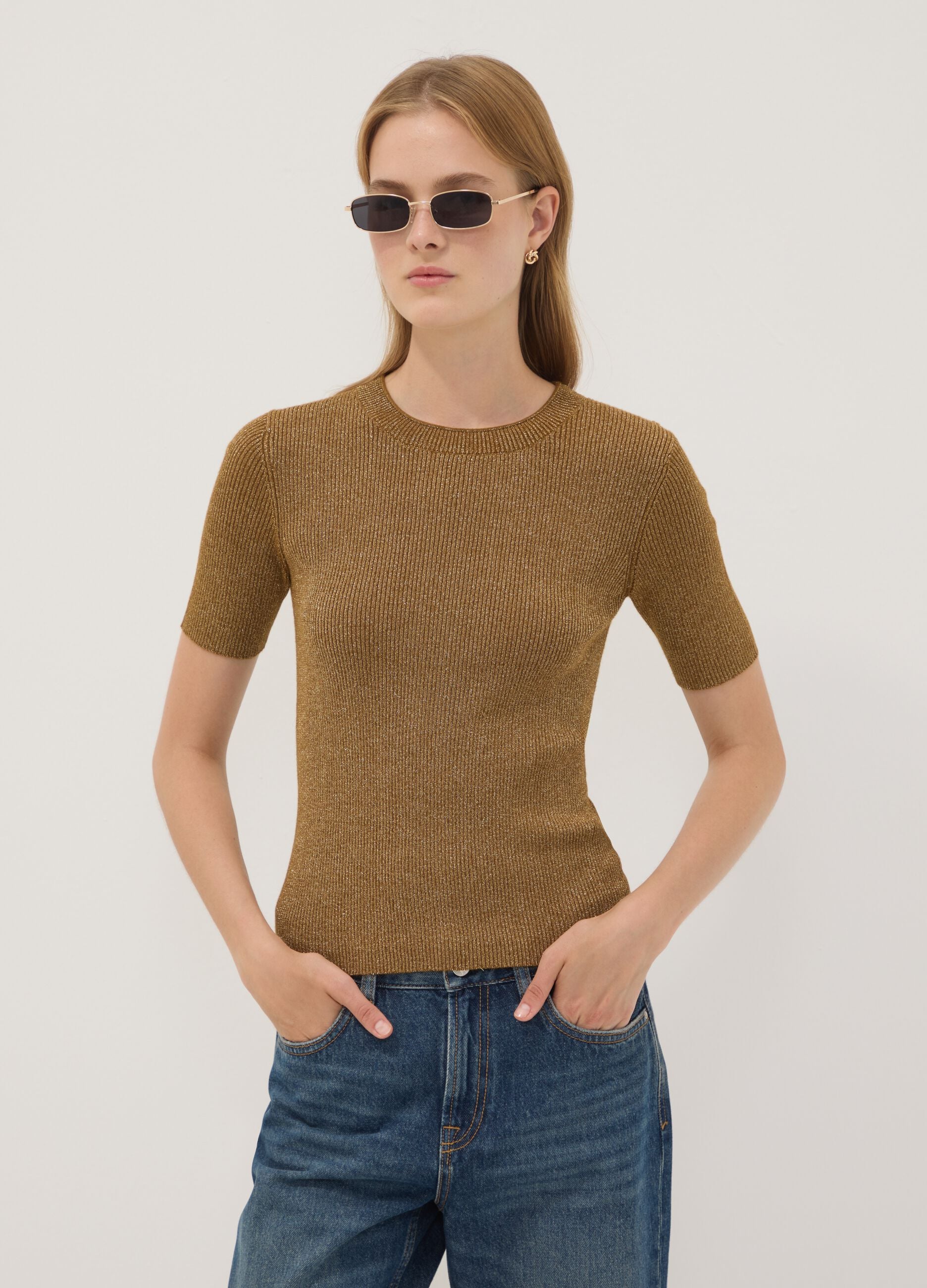 Brown fitted rib-knit viscose blend top
