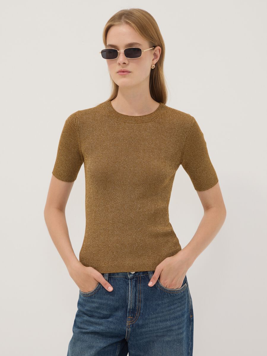 Brown fitted rib-knit viscose blend top_1