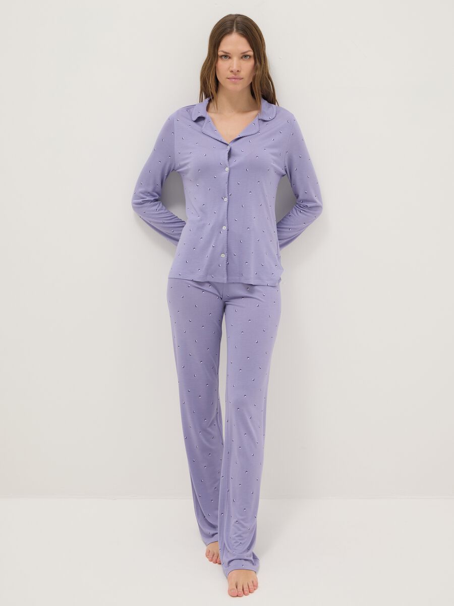 Pantaloni pigiama viola regular fit con dettagli in pizzo e fantasia_0