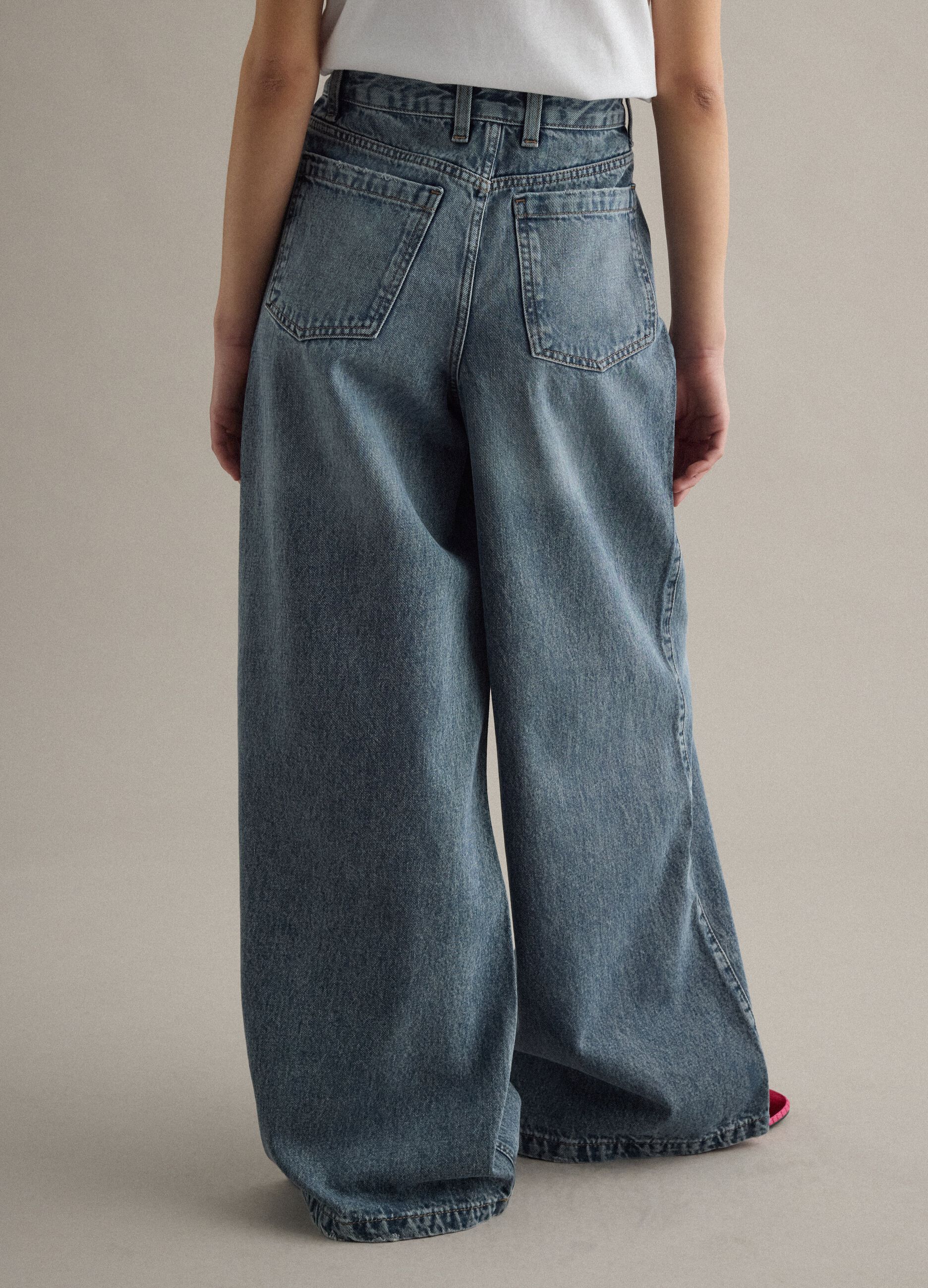 Wide Leg Blue Denim Pure Cotton Jeans