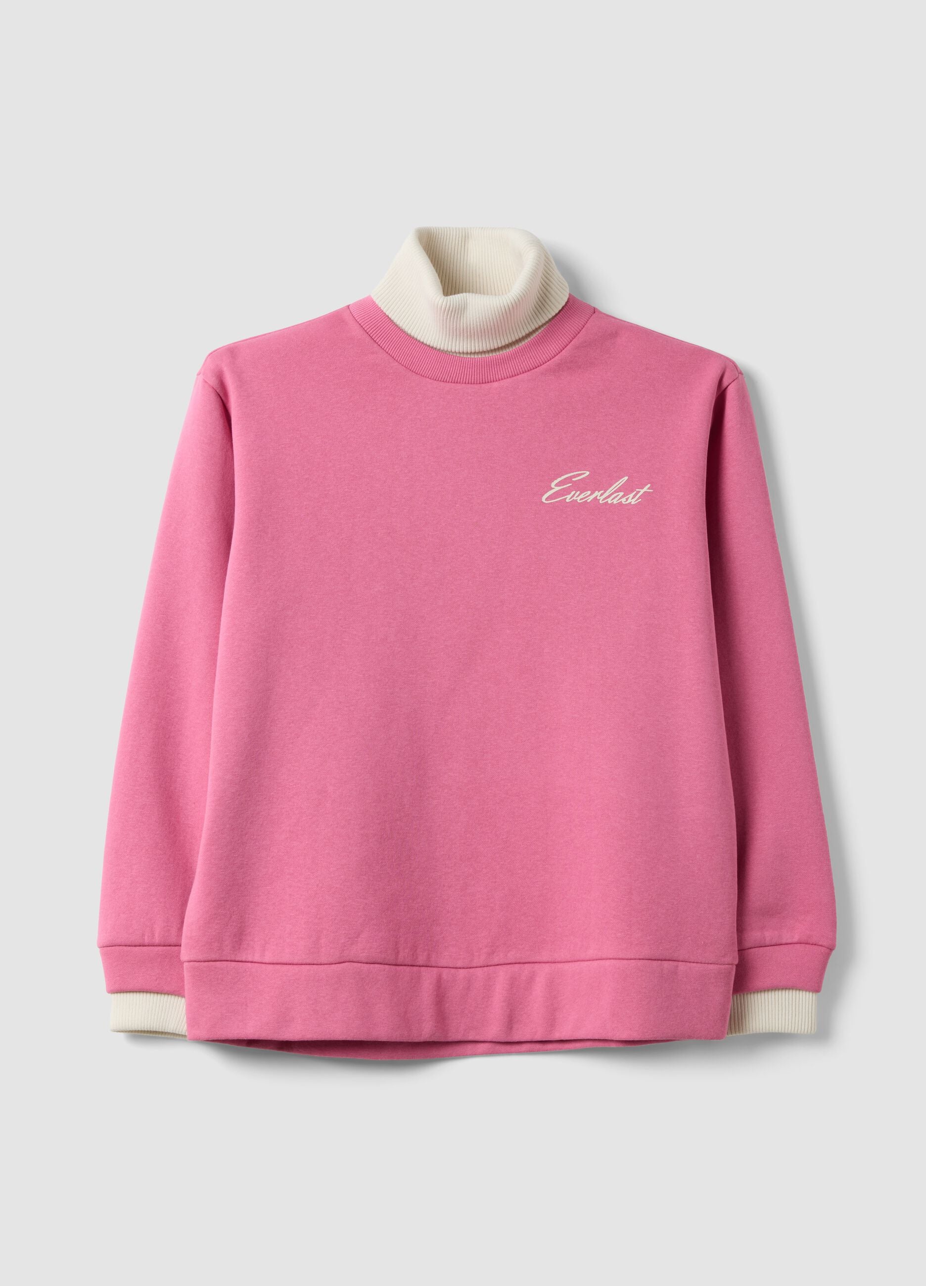Pink cotton-blend sweatshirt with high neck, regular fit