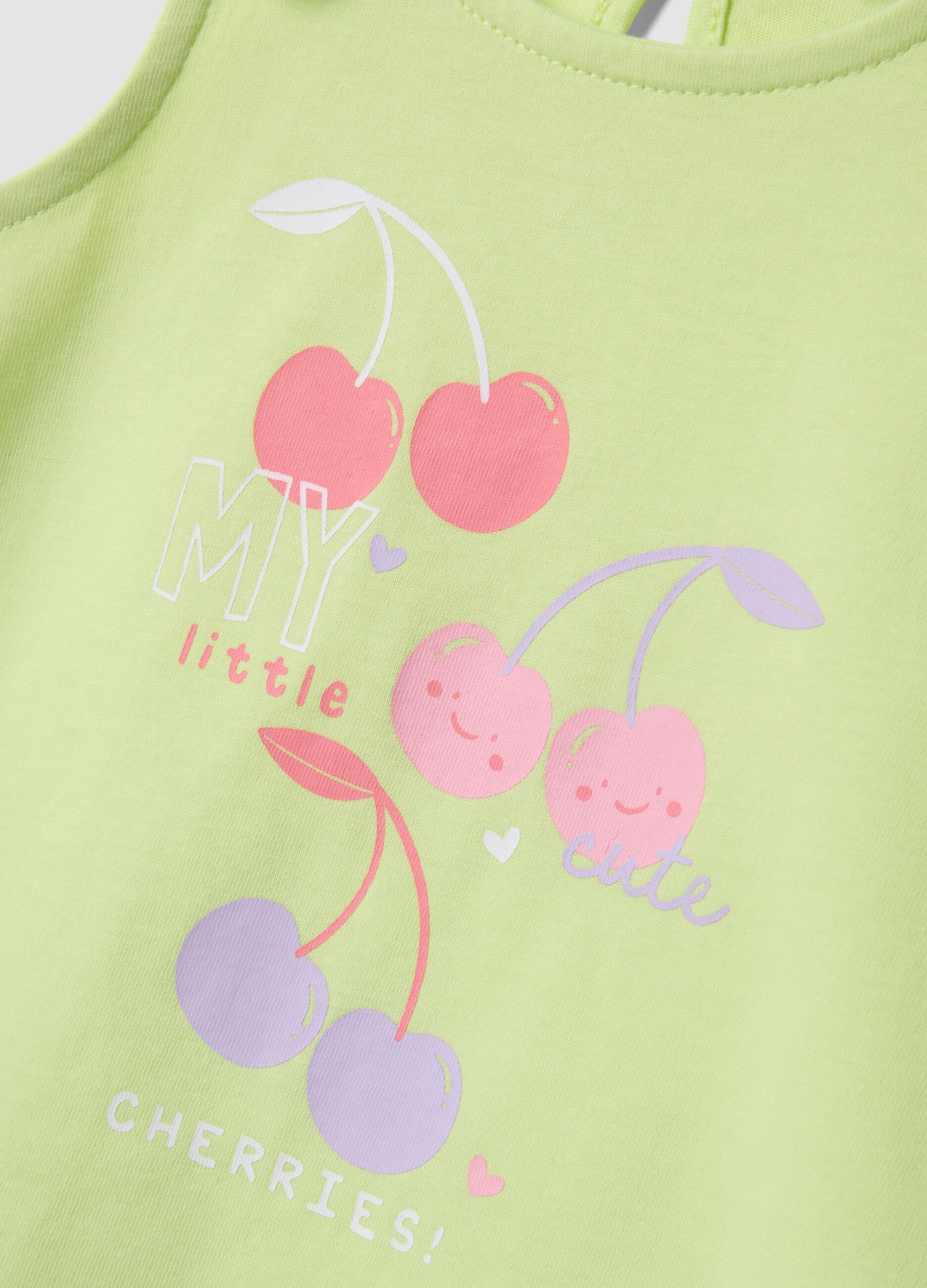 Girls' Regular Fit Green Cotton Vest with Cherries