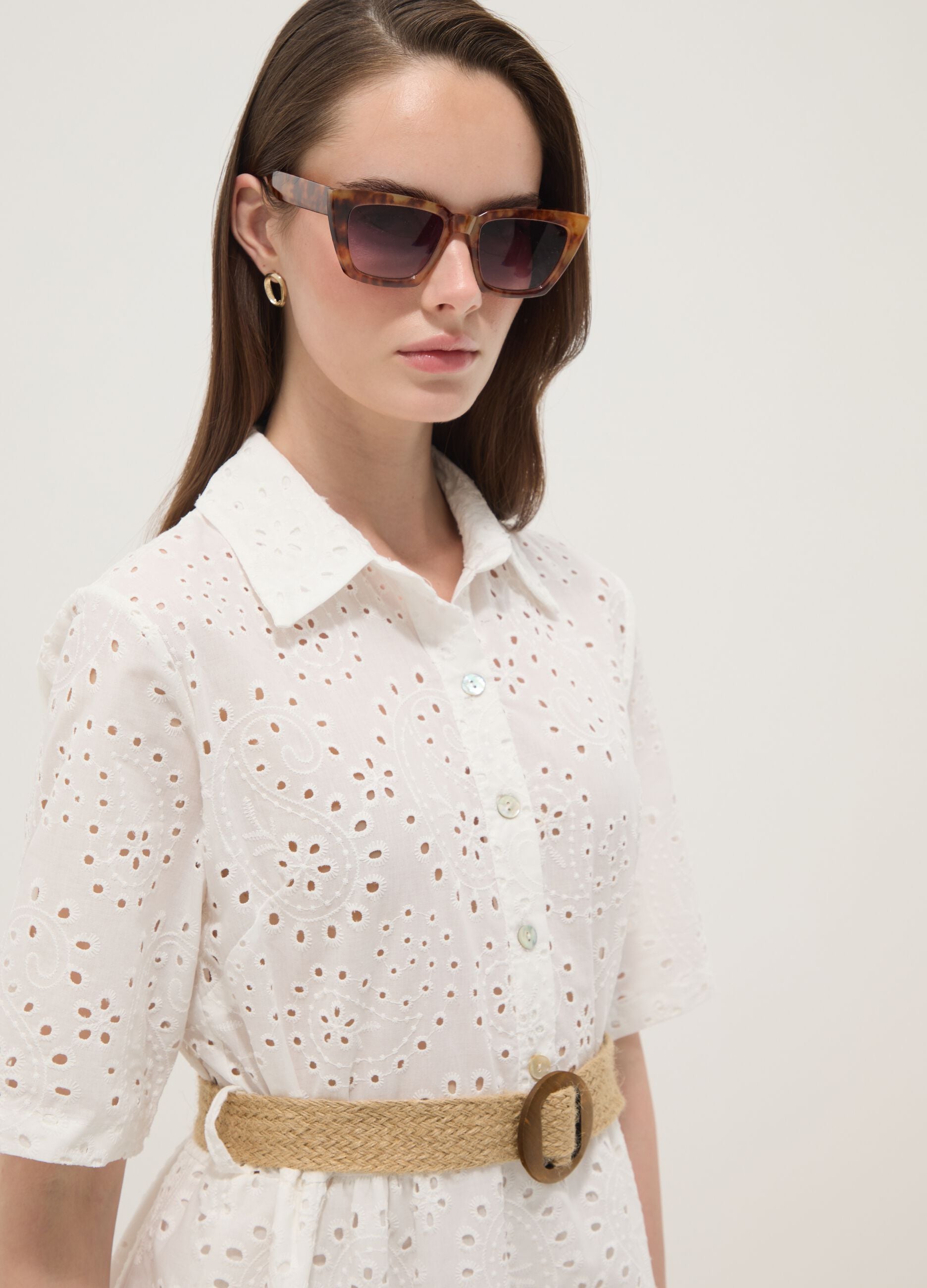 White midi broderie cotton dress with braided belt