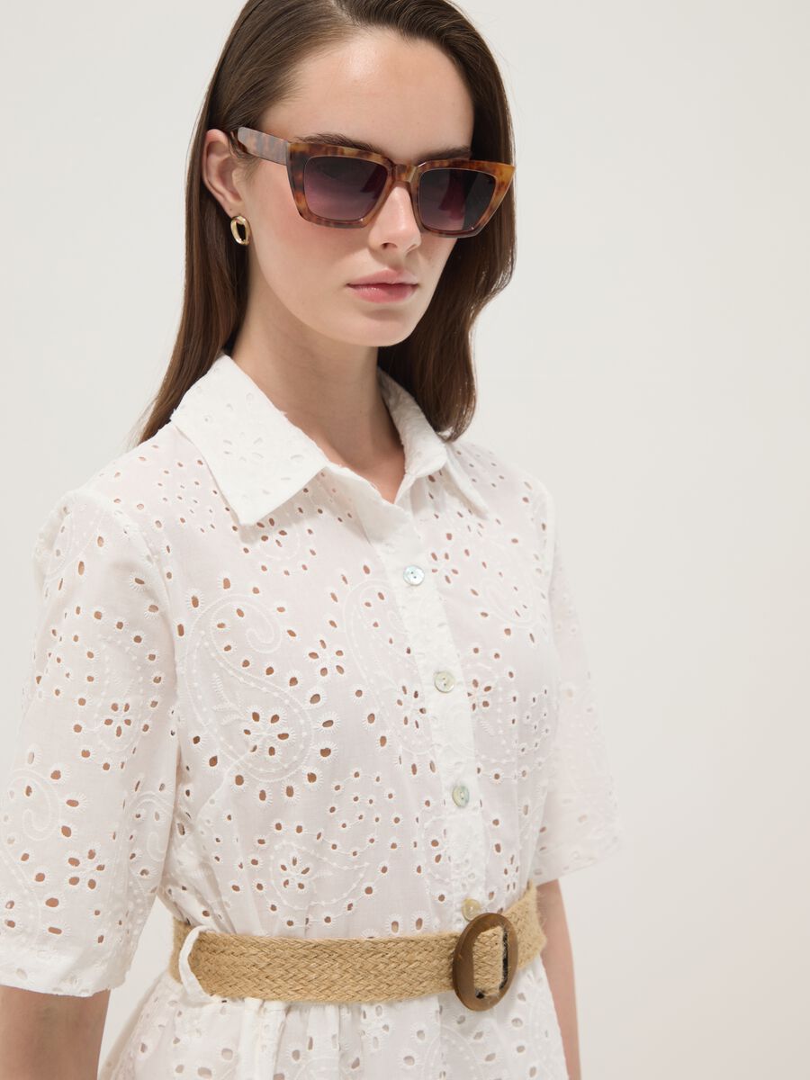 White midi broderie cotton dress with braided belt_2