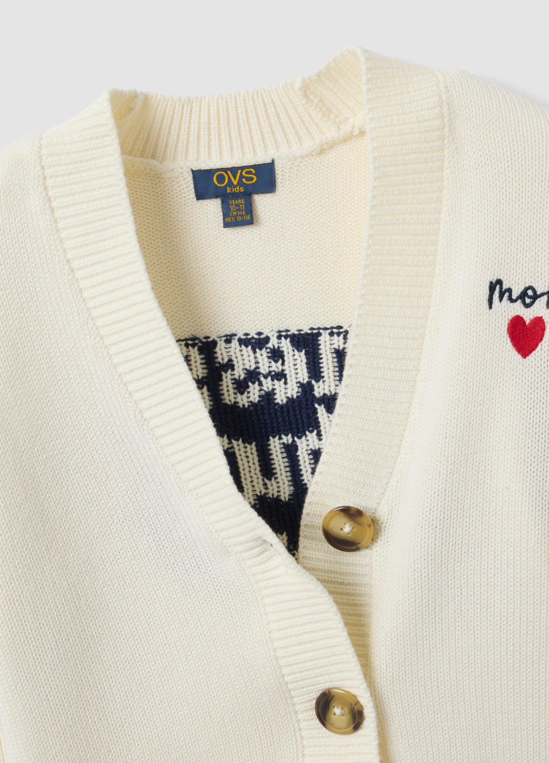 White cotton-blend cardigan with deep V-neck and heart embroidery