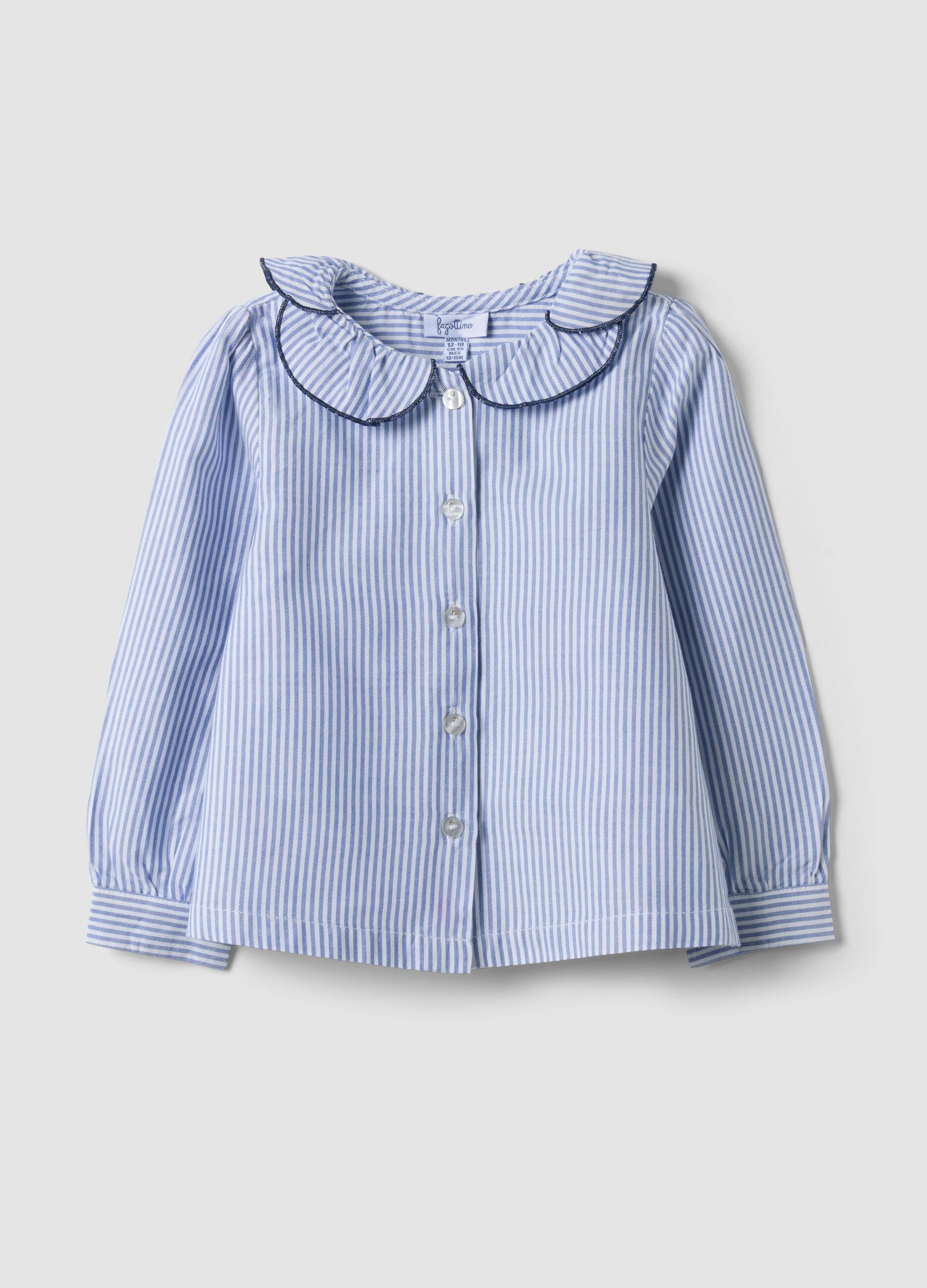 Blue striped pure cotton shirt with ruffle collar for baby girls