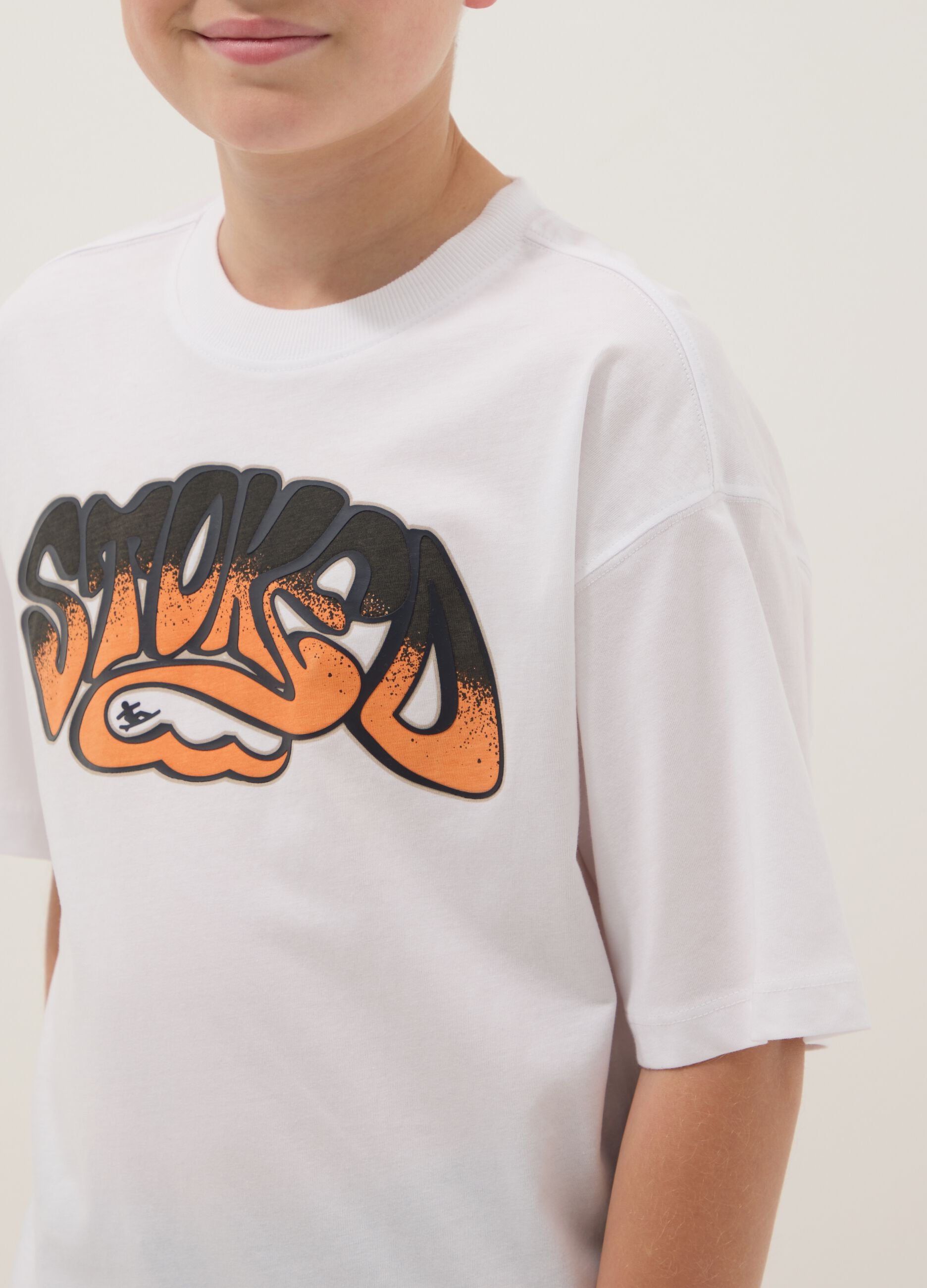 White pure cotton T-shirt with front print