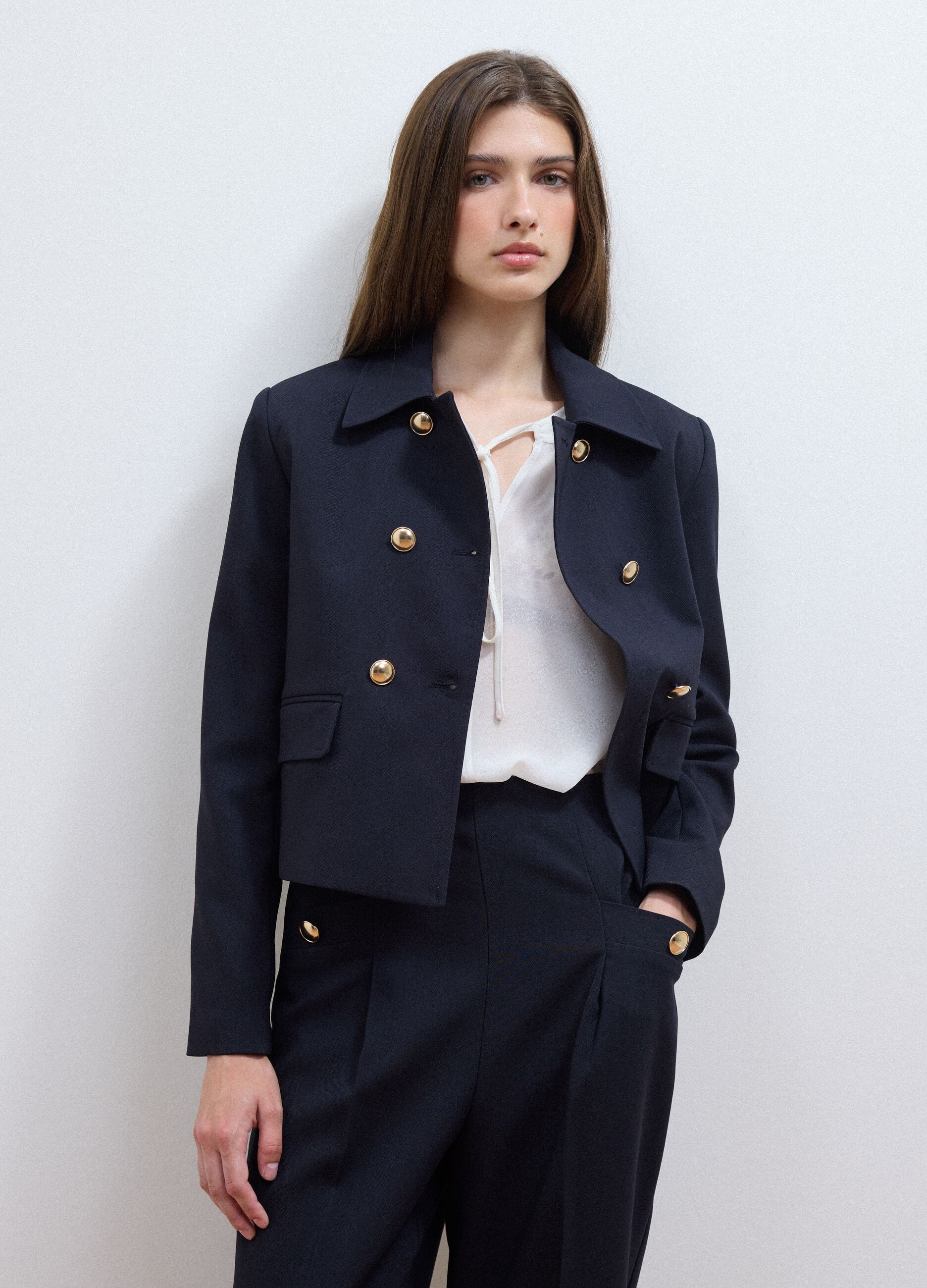 Blue double-breasted stretch viscose blazer with gold-tone buttons