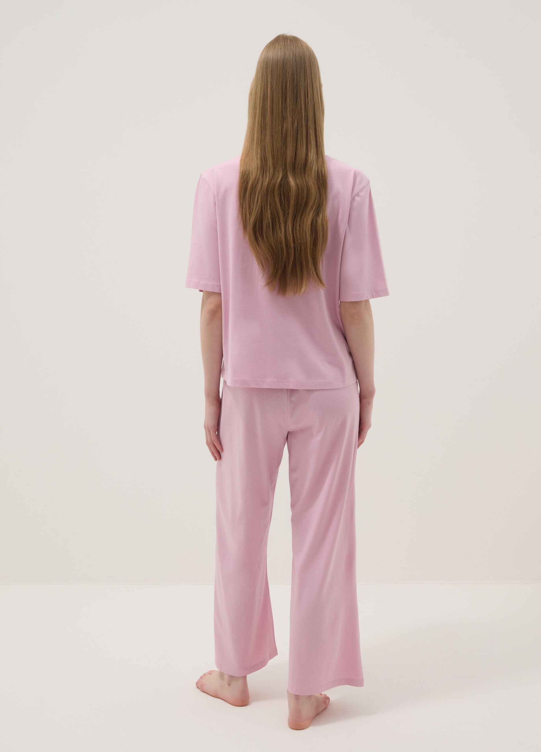 Long pink pure cotton pyjamas with strawberries, regular fit