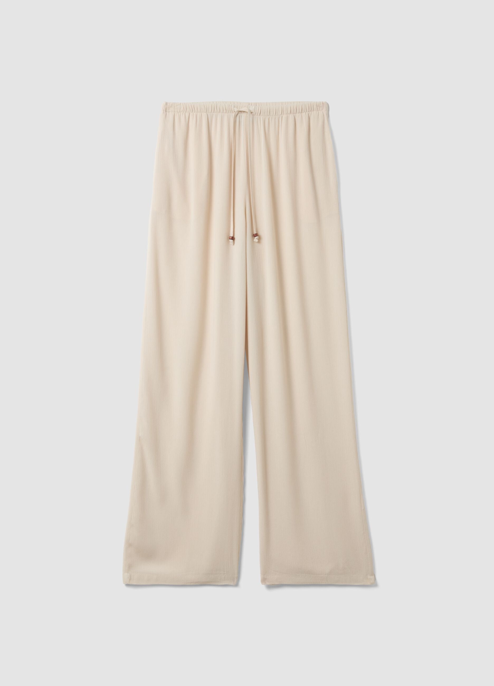 White pure viscose trousers with drawstring, relaxed fit