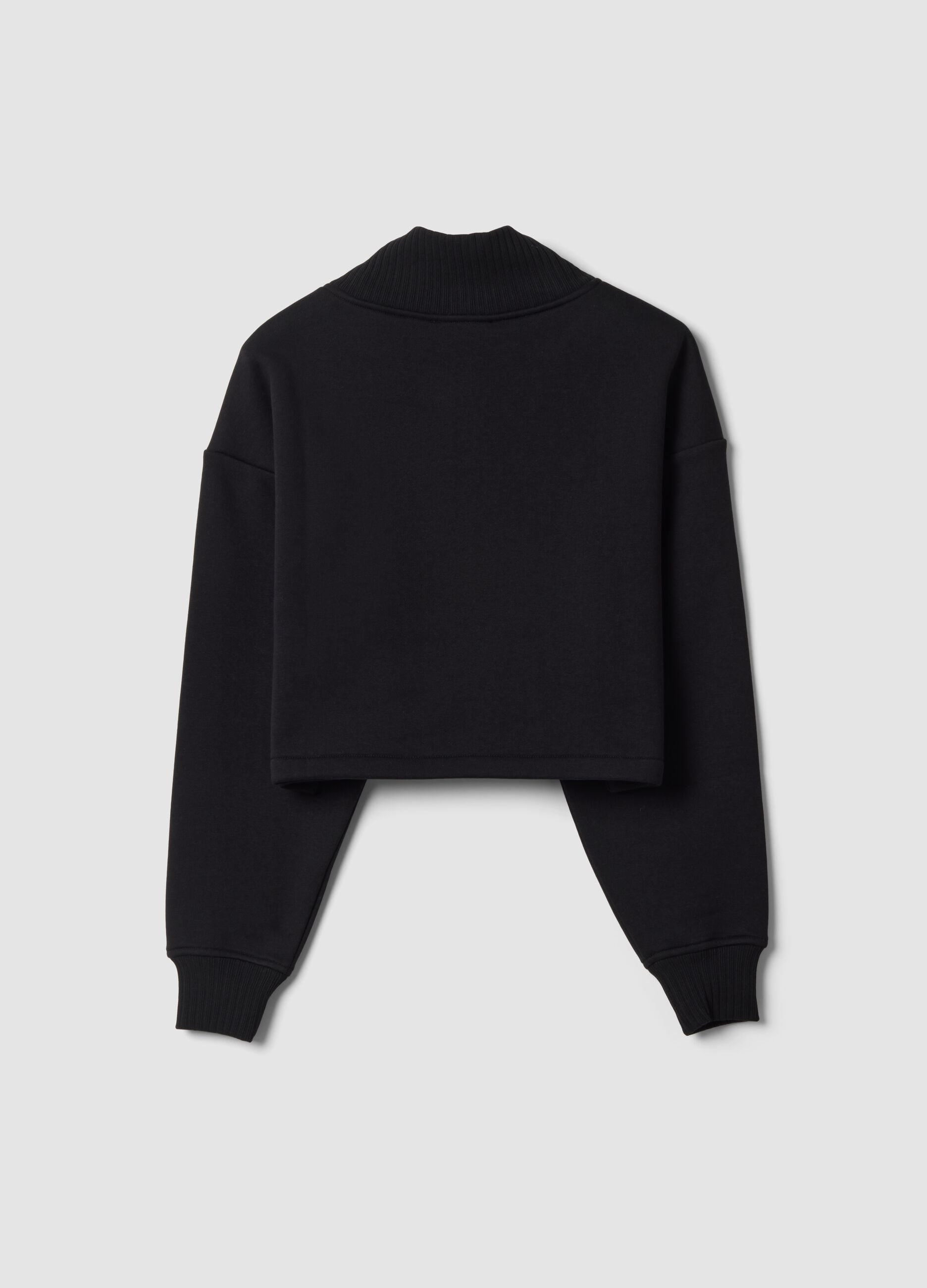 Black cropped cotton-blend fleece sweatshirt with crew neck