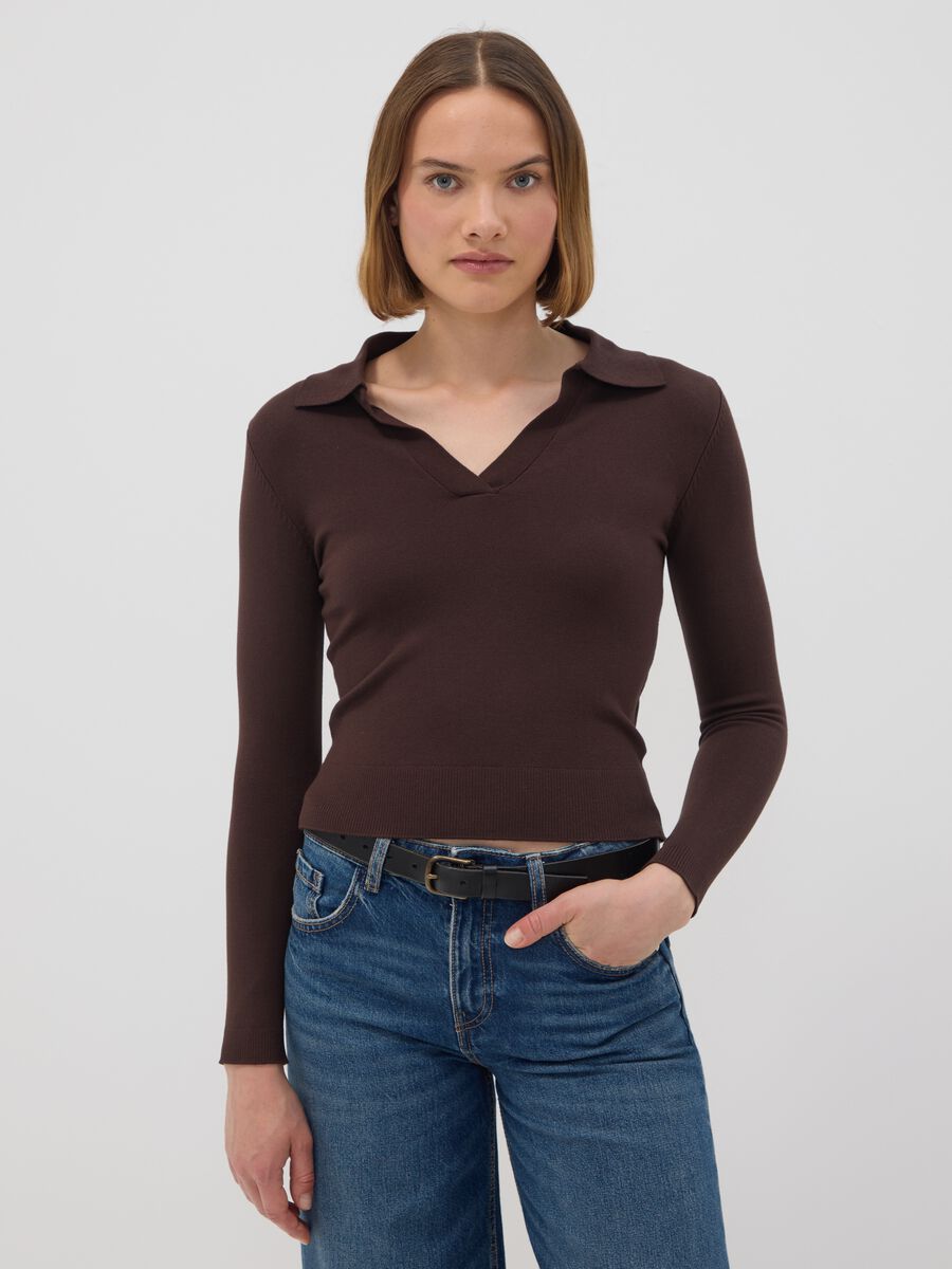 Brown viscose-blend polo-collar jumper, regular fit_1