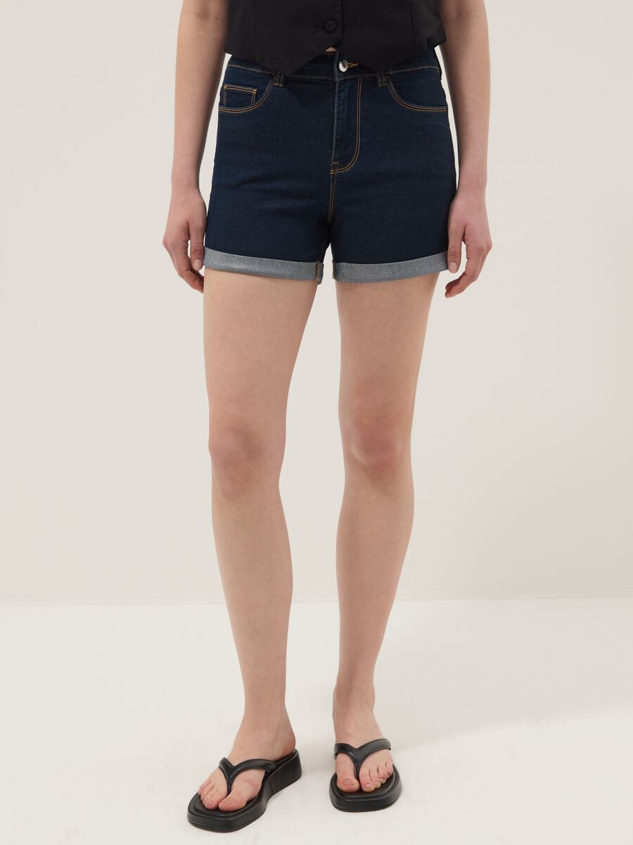 Dark blue stretch cotton denim shorts, regular fit_1