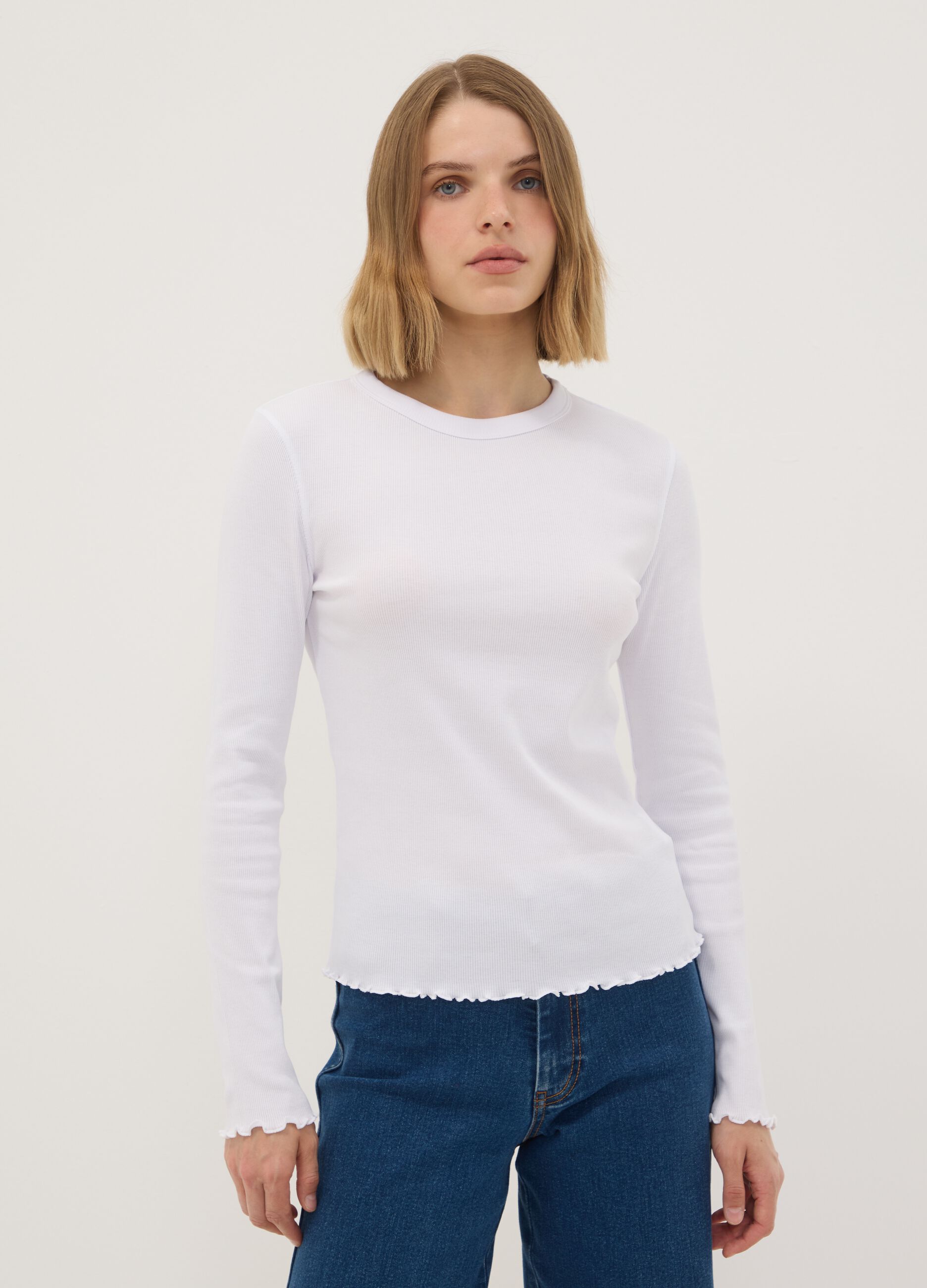 White pure cotton long-sleeve crew-neck T-shirt, regular fit