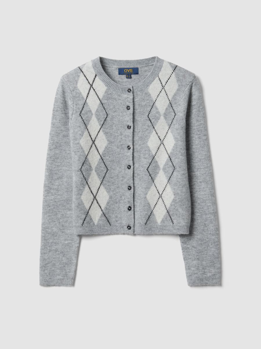 Grey jacquard stretch wool crew-neck cardigan, regular fit_4