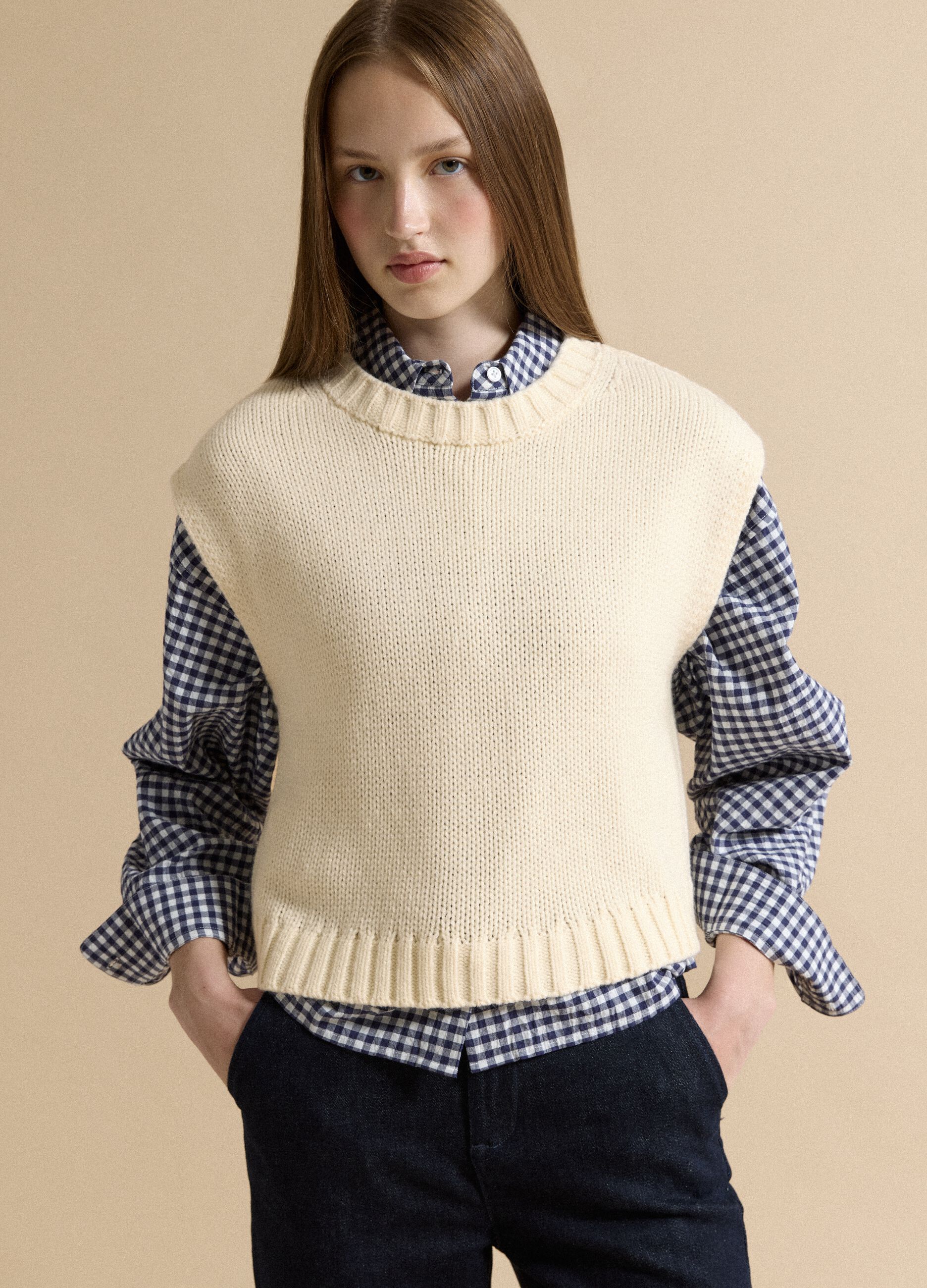 White crew-neck wool-blend oversized gilet