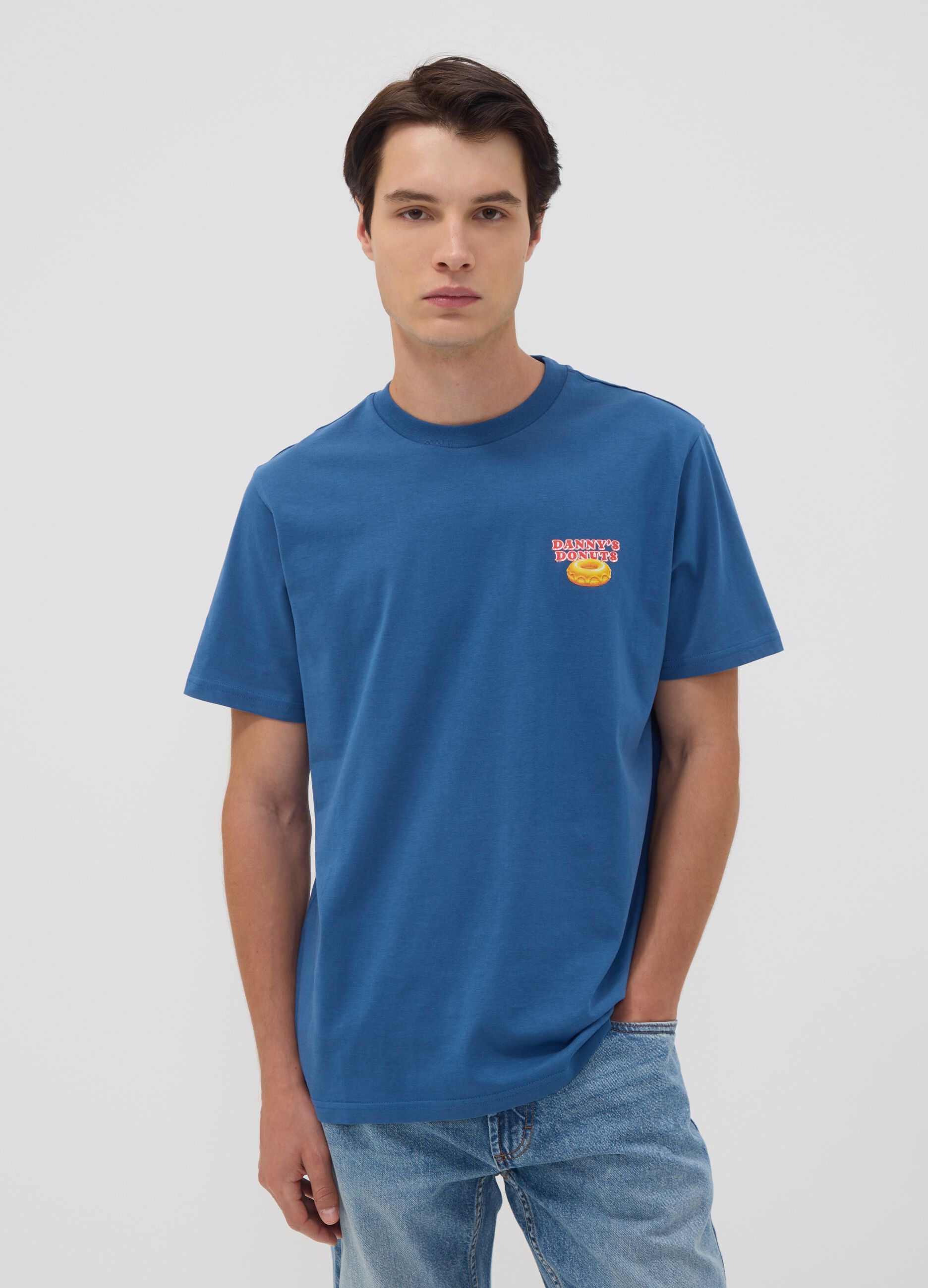 Blue pure cotton jersey T-shirt with print, regular fit