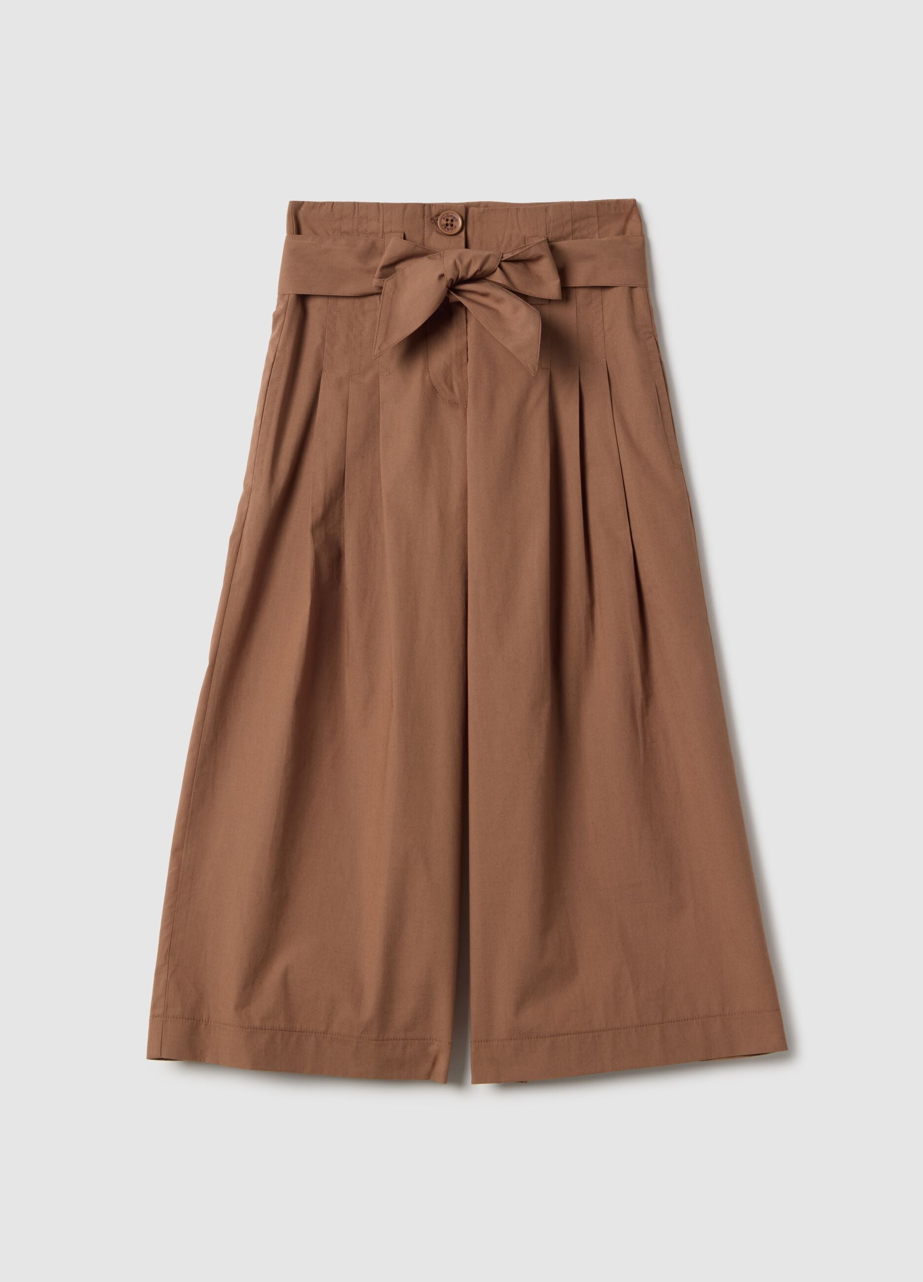 Girls' Brown Pure Cotton Wide Leg Trousers with Bow