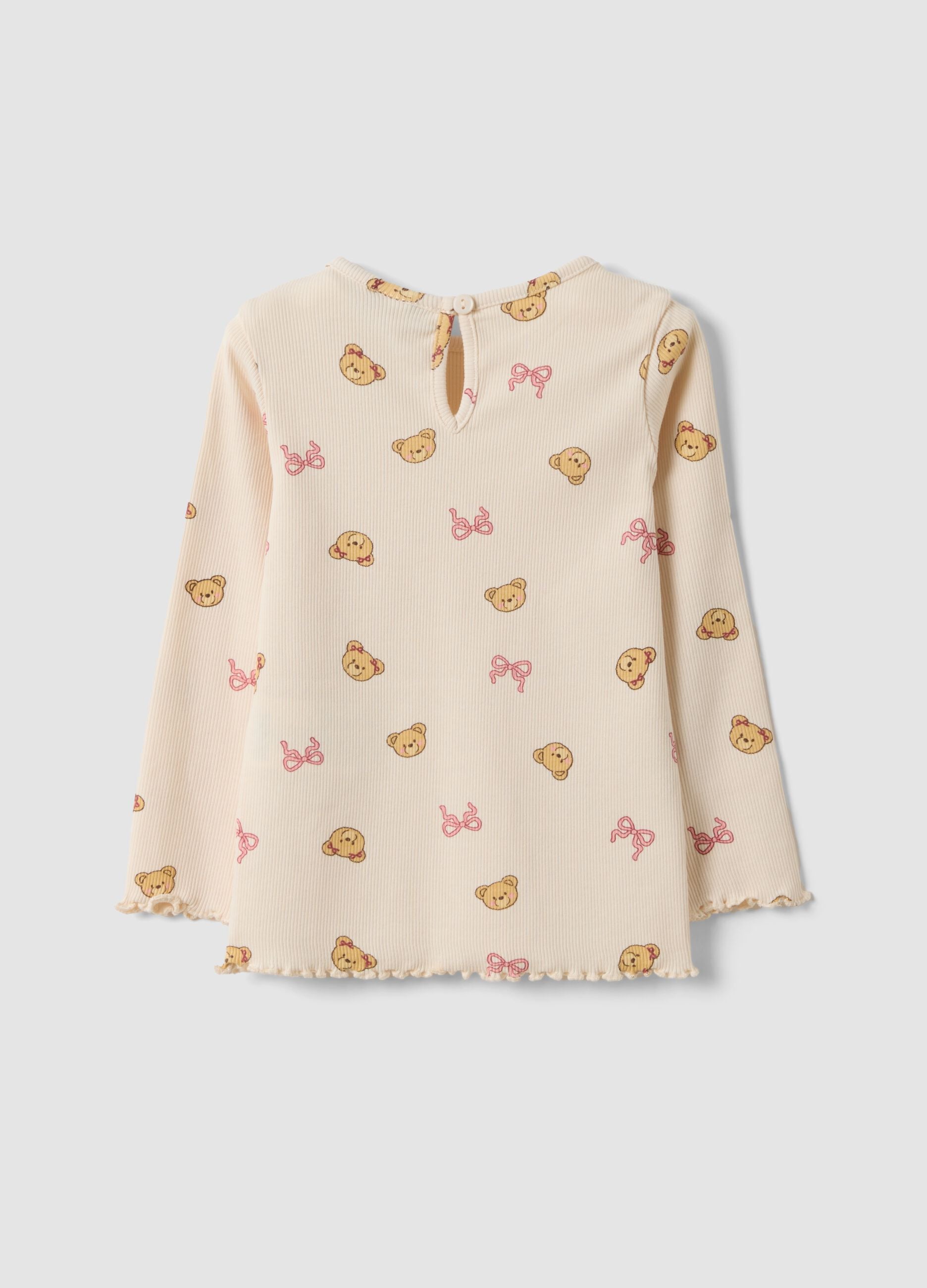 Beige organic stretch-cotton T-shirt with teddy bear print for baby girl