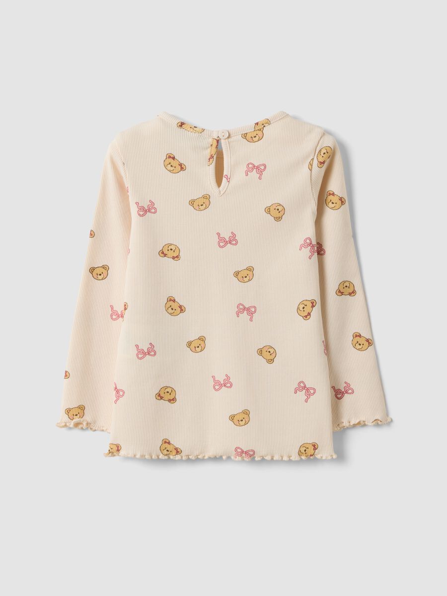 Beige organic stretch-cotton T-shirt with teddy bear print for baby girl_1