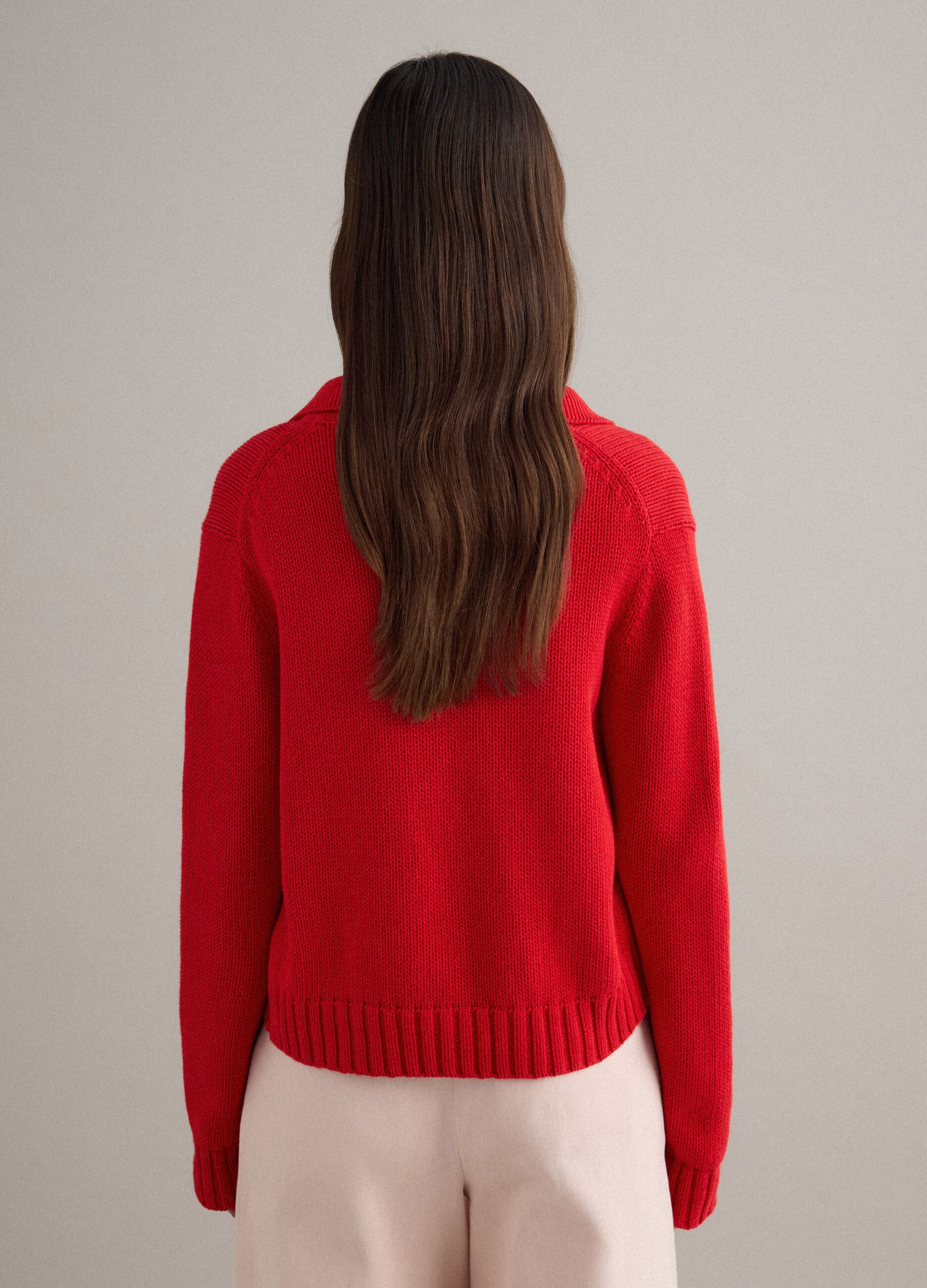 Regular Fit Red Cotton Cardigan with Polo Collar
